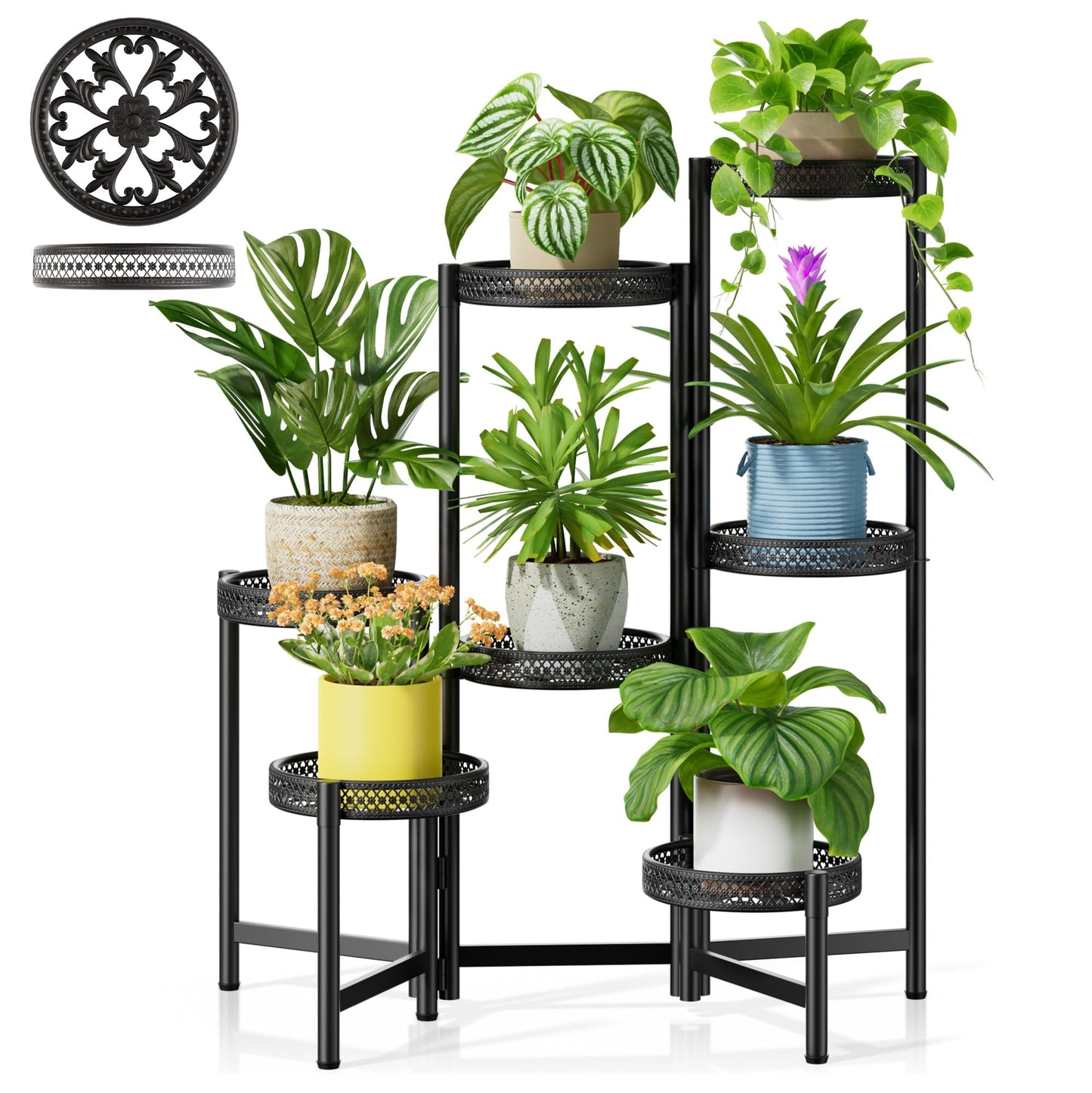 NQW 7 Tier Large Metal Plant Stand Indoor Outdoor with 7.9 Inch Wide Tray, Tiered Corner Plant Stand, Flower Display Holder Shelf, Folding Tall Rack for Patio Porch Balcony Living Room Garden - BlackWave