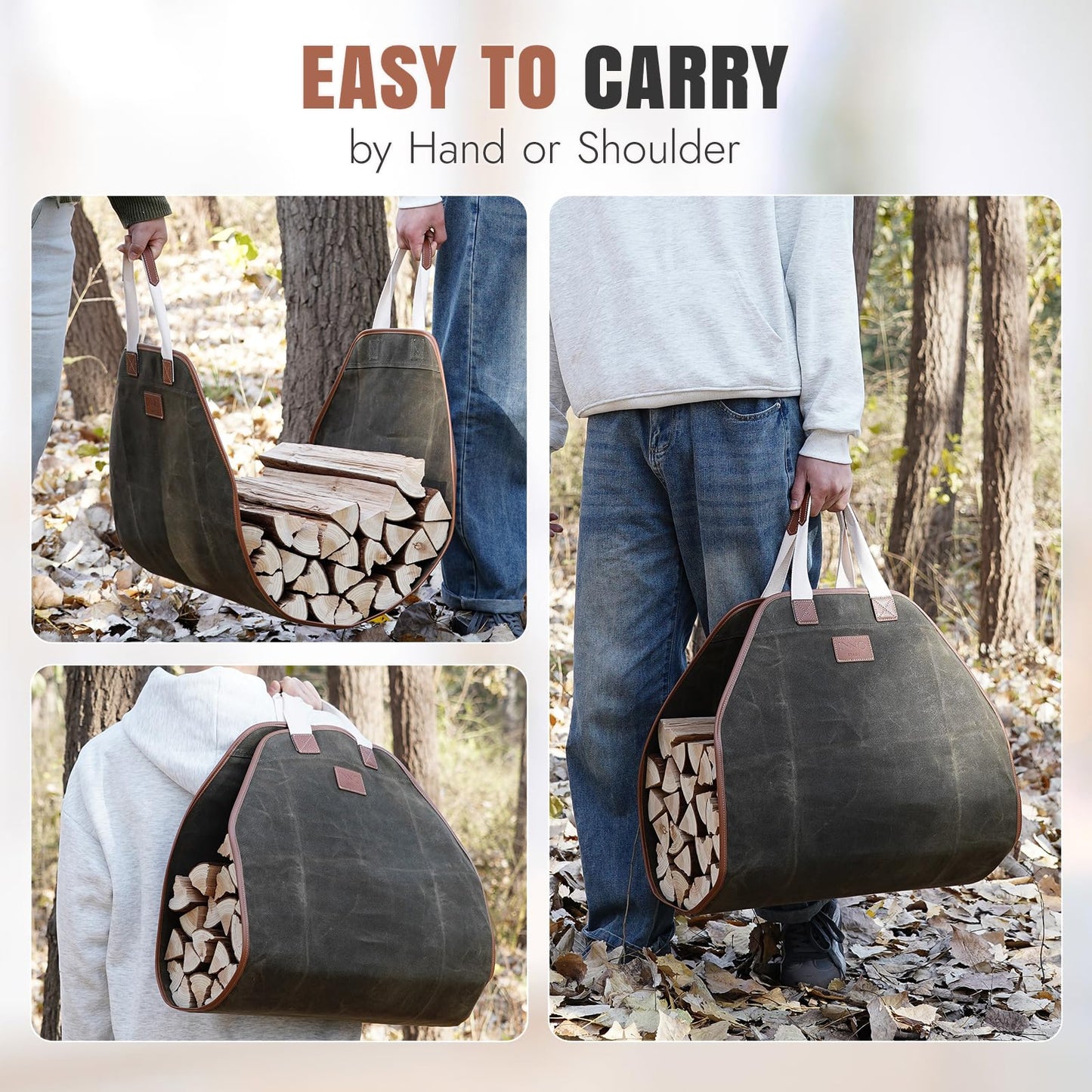INNO STAGE Firewood Carrier - Waxed Canvas Wood Carrier for Firewood, Heavy Duty Log Carrier Bag As Wood Stove Accessories