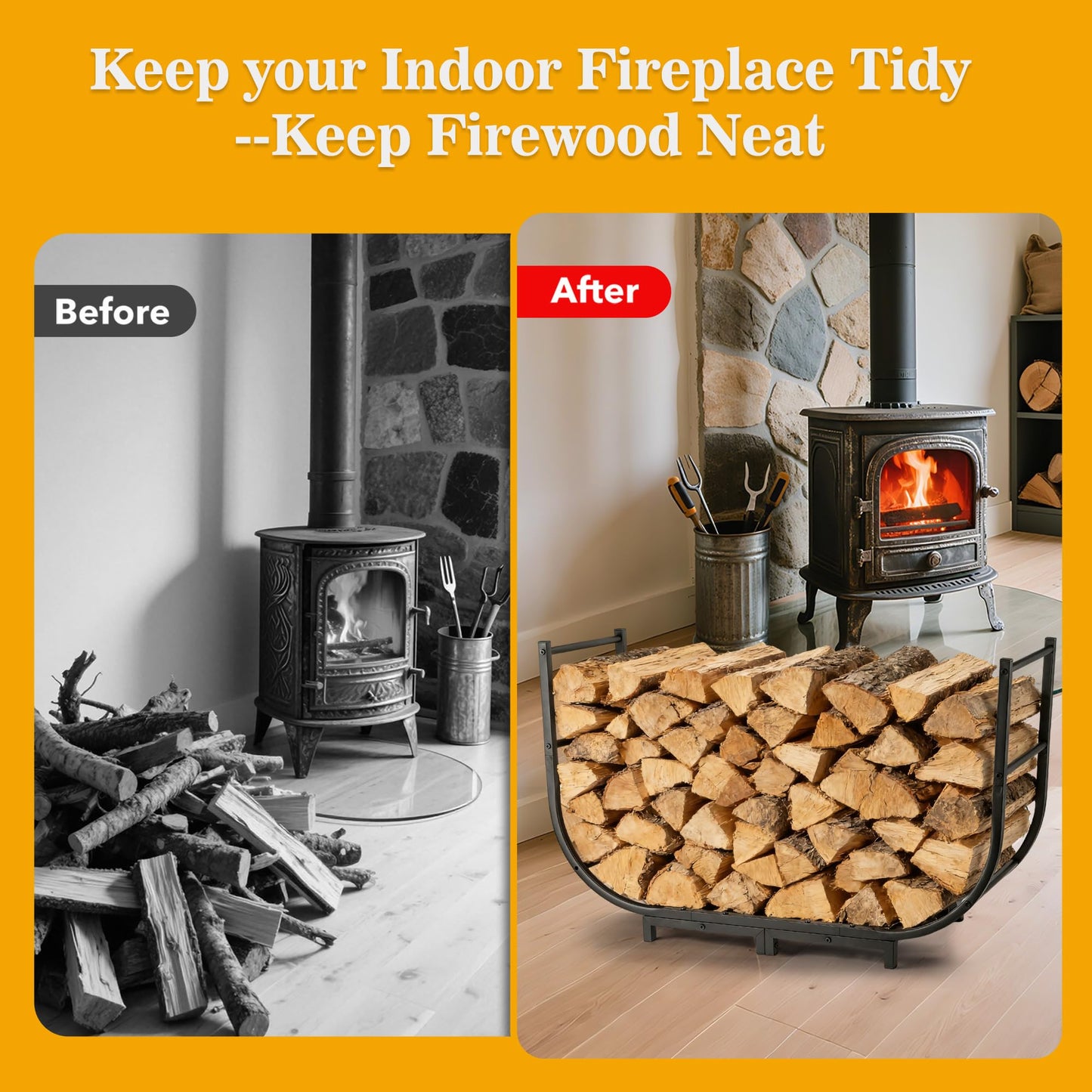 facka Curved Firewood Rack, Indoor Outdoor Log Firewood Holder, Metal Fireplace Wood Storage, Waterproof & Rustproof(Curved 40Inch Rack)