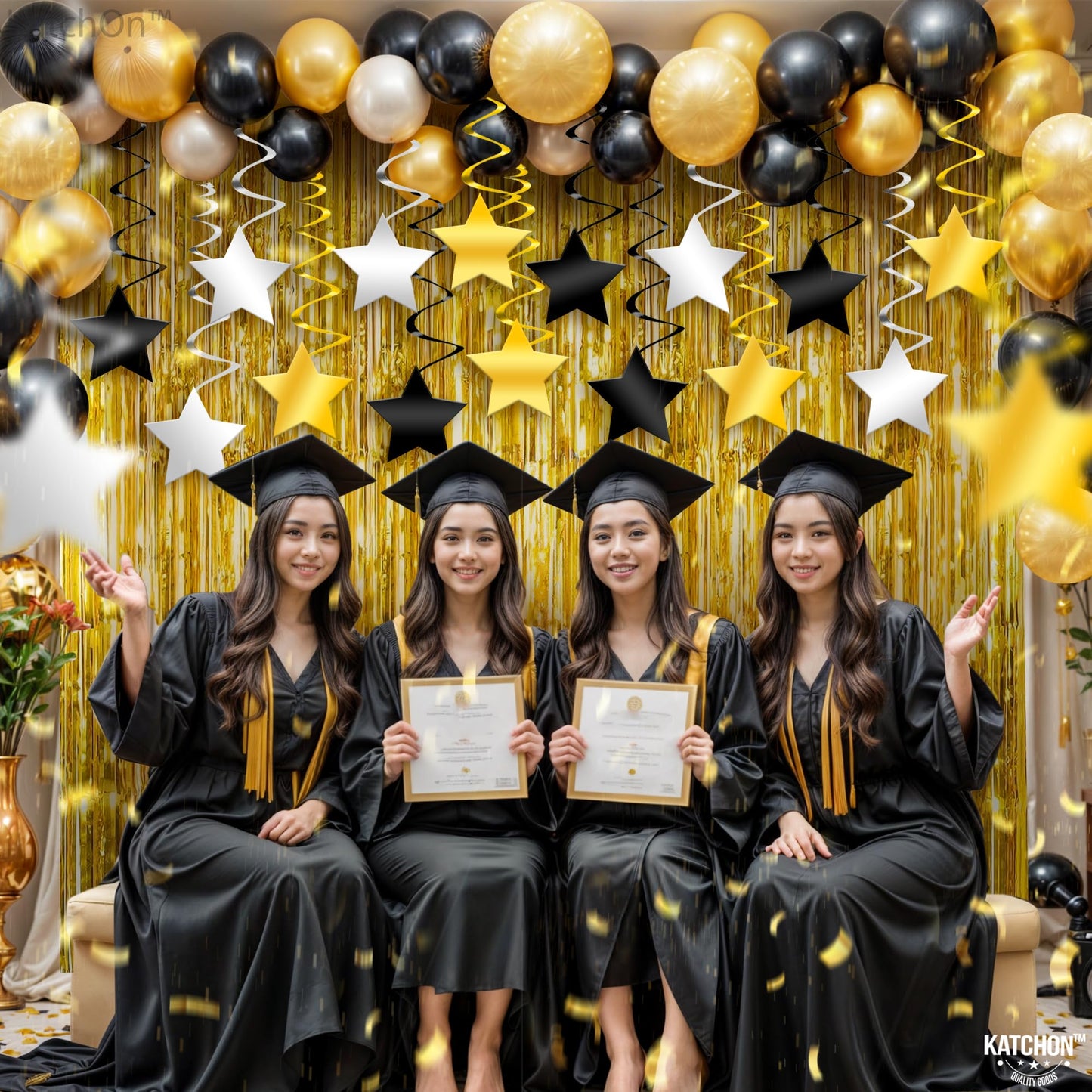 KatchOn, Black Gold and Silver Star Hanging Swirls- Pack of 30, No DIY | Star Ceiling Decorations for Birthday Decorations | Hanging Star Swirls for Graduation Decorations 2026, Bachelorette Party