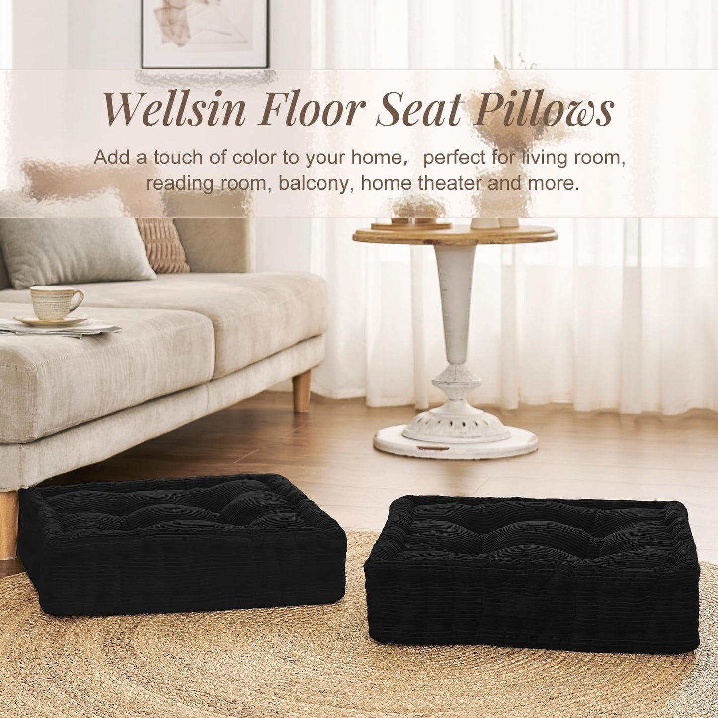 Wellsin Square Floor Pillows for Adults Kids - Meditation Floor Pillow Seating Cushion - Tufted Floor Cushion with Shredded Foam & Velvet Cover, 2 Pack, 20x20 Inch, Black