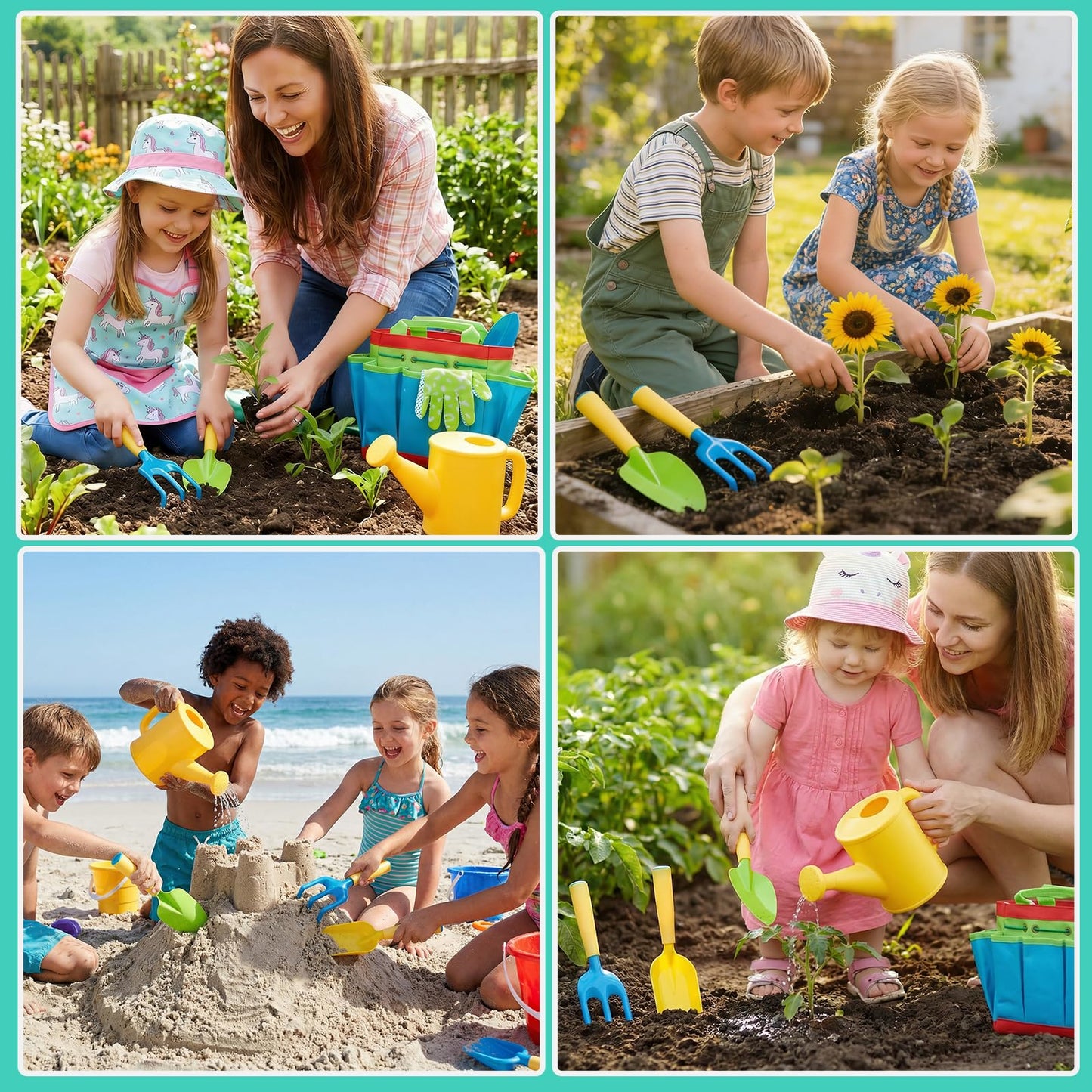 FITNATE Green Kids Garden Tools Set,6 PCS Garden Tools Including Watering Can, Shovel, Rake, Fork, Children Gardening Gloves and Garden Tote Bag, All in One Set