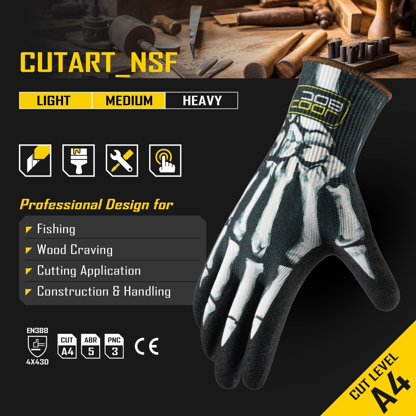 COOLJOB 2 Pairs A4 Cut Resistant Fishing Gloves for Men, Touchscreen Safety Work Gloves with Grip Nitrile, Knife Proof Anti-slip Dexterous Rubber Coating for Glass Handling Wood Carving, Large