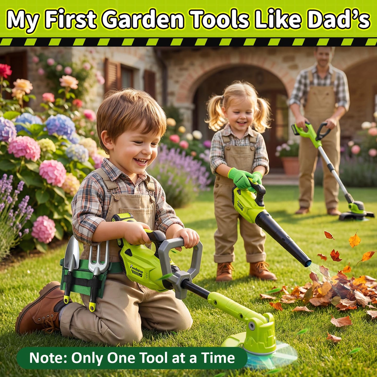 Pandapop Kids Gardening Tools Set, 2 In 1 Kids Leaf Blower & Toy Lawn Mower with Sounds & Lights, Kids Tool Set with Belt & Gloves, Outdoor Play Toy Tools, Christmas Birthday Gifts for Boys 3 4 5 6 7+