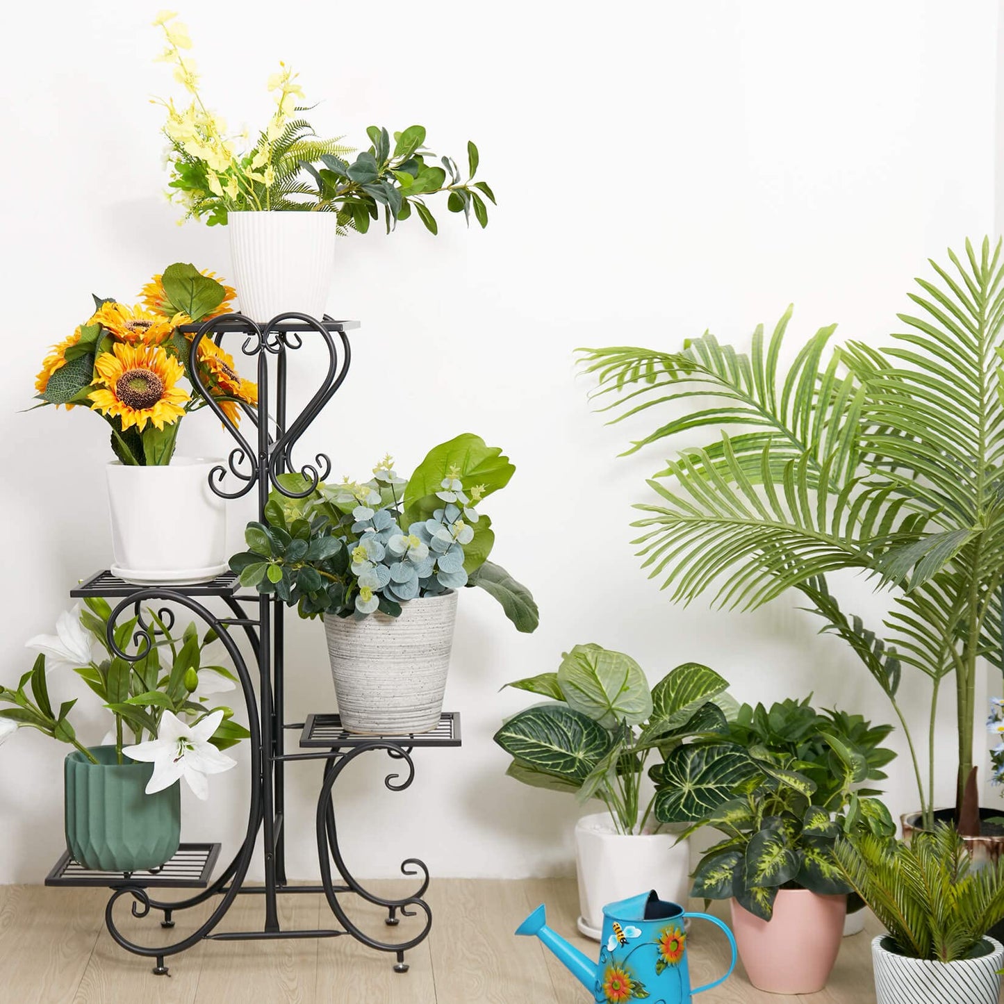 unho Metal Plant Stand Black: 4 Tier Flower Pot Display Rack with Potted Planter Shelves Indoor Storage Shelf Holder for Balcony Living Room Patio Garden Entryway Décor (Black)