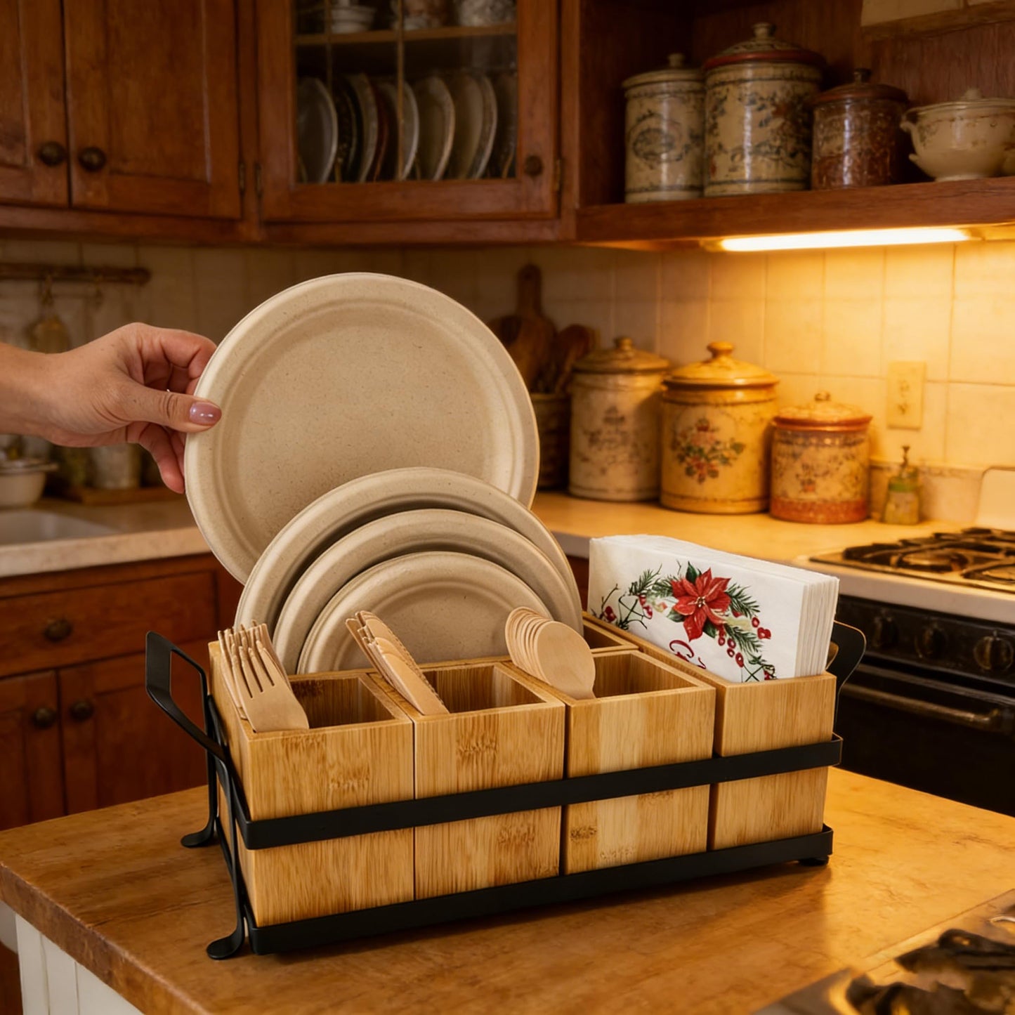 GOXTBBW Bamboo Utensil Caddy with Handle - 5 Compartment Silverware Holder for Party & Kitchen Countertop - Removable Wooden Flatware Organizer for Picnic, BBQ, Buffet, RV & Outdoor Dining