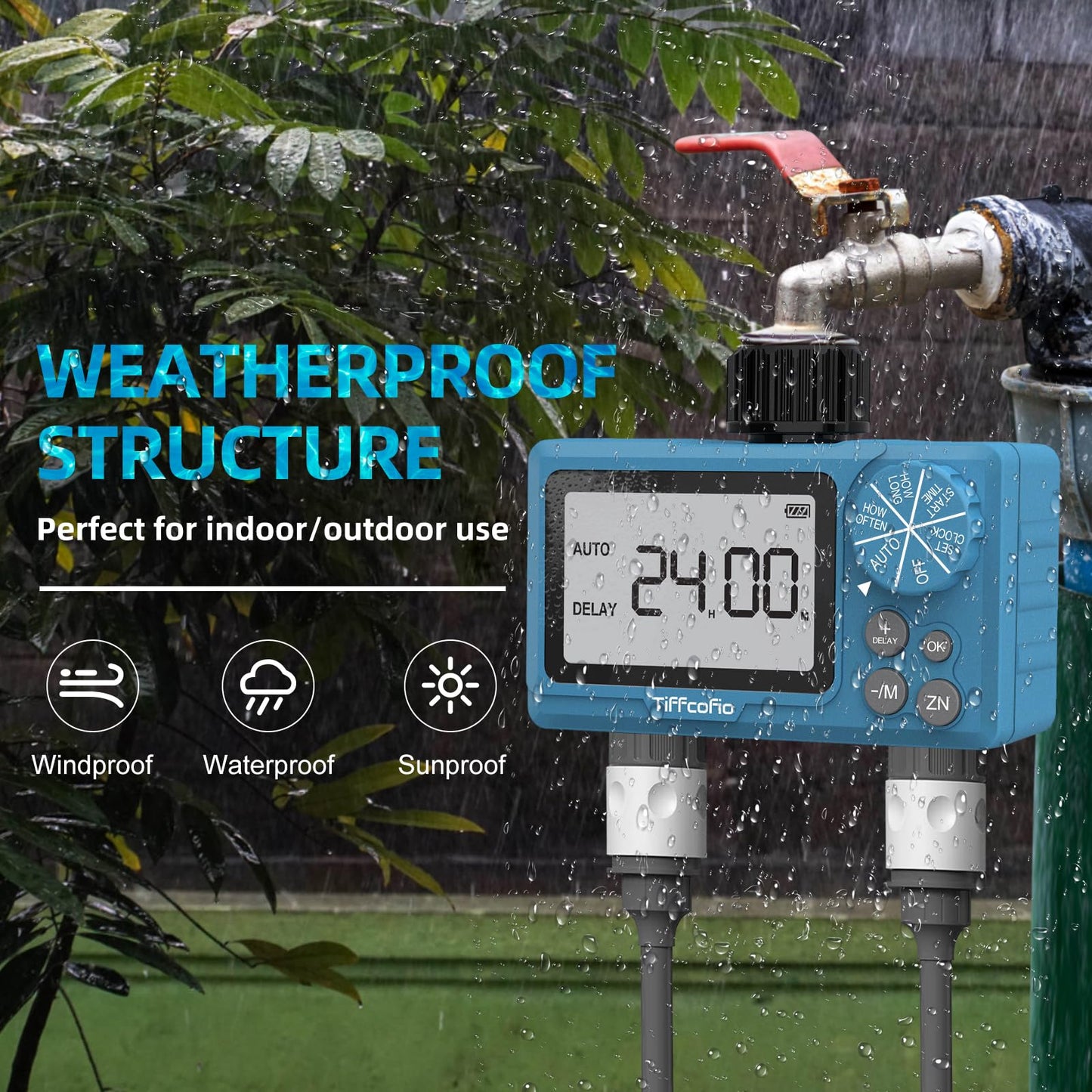 TiFFCOFiO Sprinkler Timer Outdoor, Digital Programmable for Garden Hose, Irrigrtion Timer with Rain Delay and Manual Mode (2 Oulets, 1 Pack)