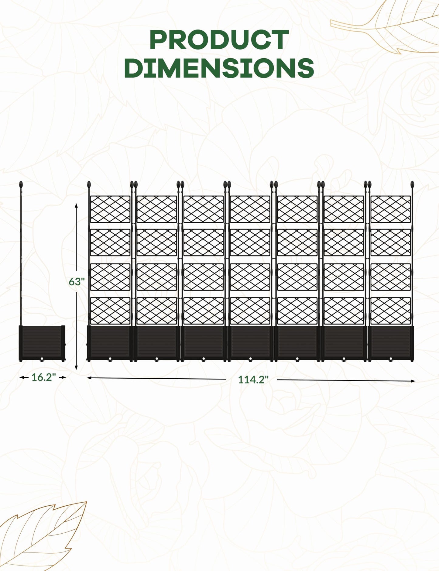 7 PCS Raised Garden Bed with Trellis, 114" LX16 WX63 H Plastic Planter Box for Climbing Plants, Outdoor Vertical Garden with Privacy Screen for Patio, Balcony, Backyard – Sturdy & Lightweight