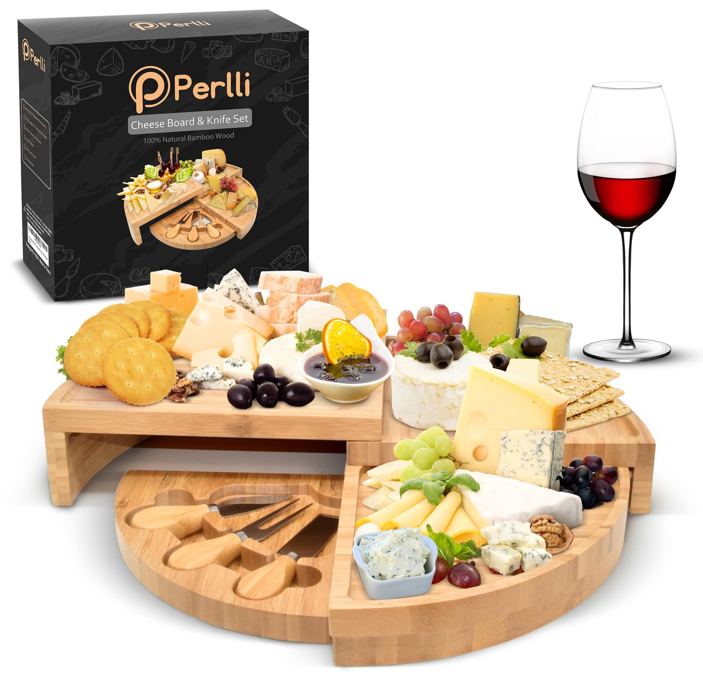 Perlli Bamboo Cheese Board & Knife Set, Large Folding 18 Inch Round Wood Rotating Charcuterie Board Set Cheese Meat Wine Serving Tray Platter, Home Decor