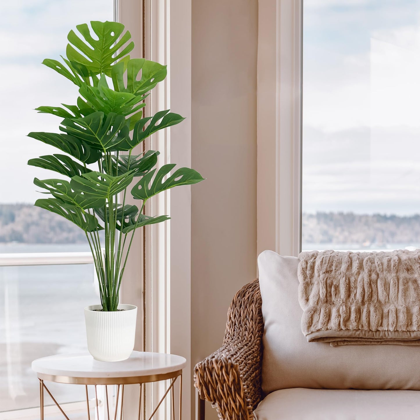SAJANDAS Set of 2 Artificial Monstera Deliciosa Plants in Pots, Fake Tropical Trees with Greenery Leaves Stems, 32 Inch Faux Swiss Cheese Floor Plants for Home Porch, Garden, Office, Store Decor