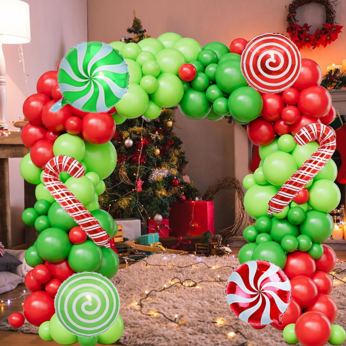 Christmas Balloon Arch Kit -129pcs Christmas Balloons With 18inch 12inch 5inch Green Red Lime Green Latex Balloons Candy Cane Balloons For Xmas Party Decorations