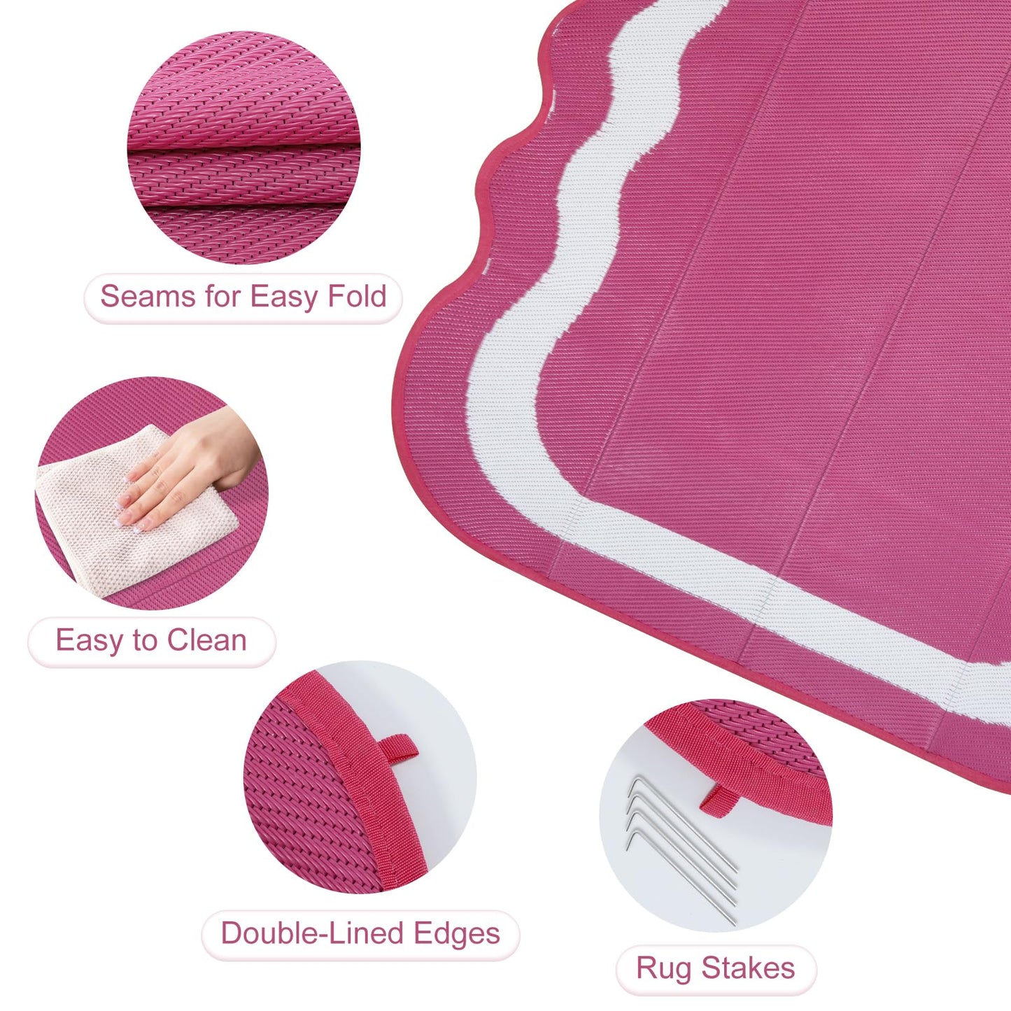Uphome Outdoor Rug Waterproof 8x10, Large Reversible Pink Scalloped Patio Plastic Straw Rugs, Foldable Modern RV Camping Outside Carpet Mat for Pool Back Yard Deck Picnic, 8 x 10 ft