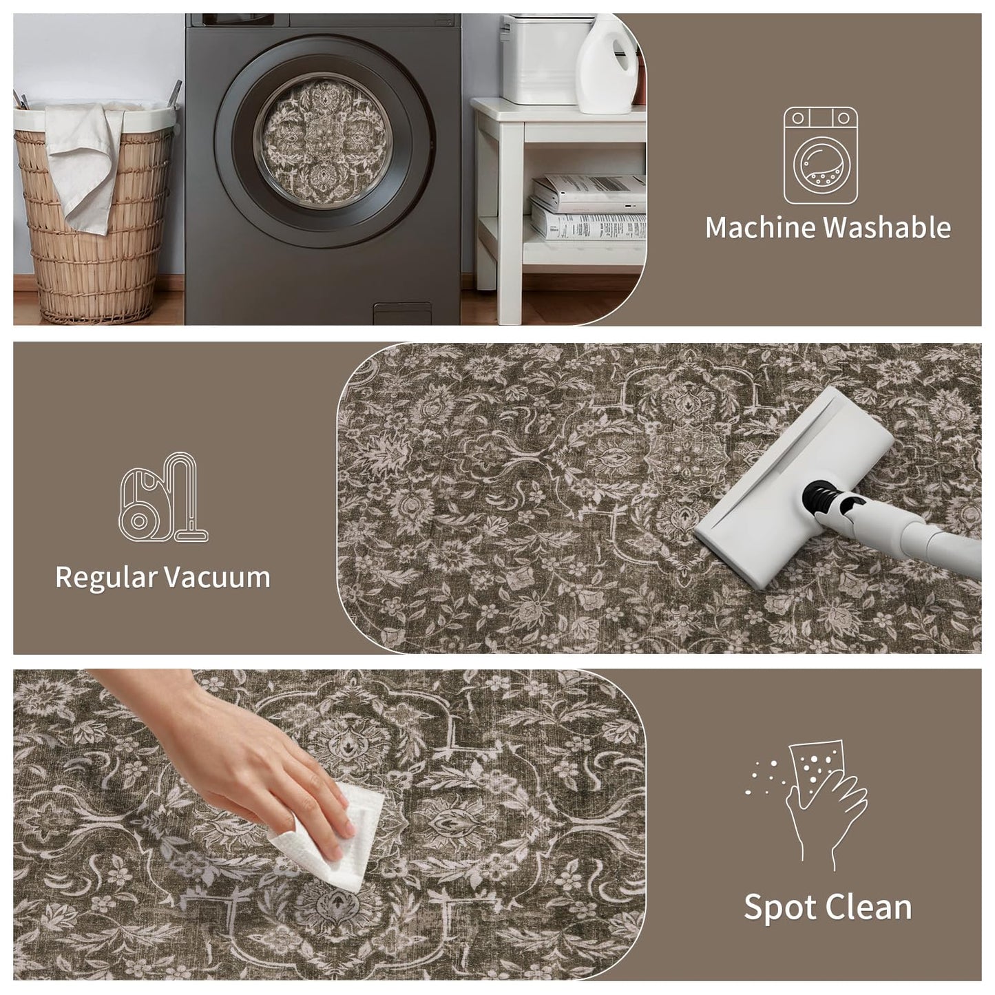 Ciicool 2x8 Hallway Runner Rug Low-Pile Soft Kitchen Brown Rugs Non-Slip Washable Vintage Floral Throw Entry Foyer Mat for Entrance Living Room Laundry Carpet