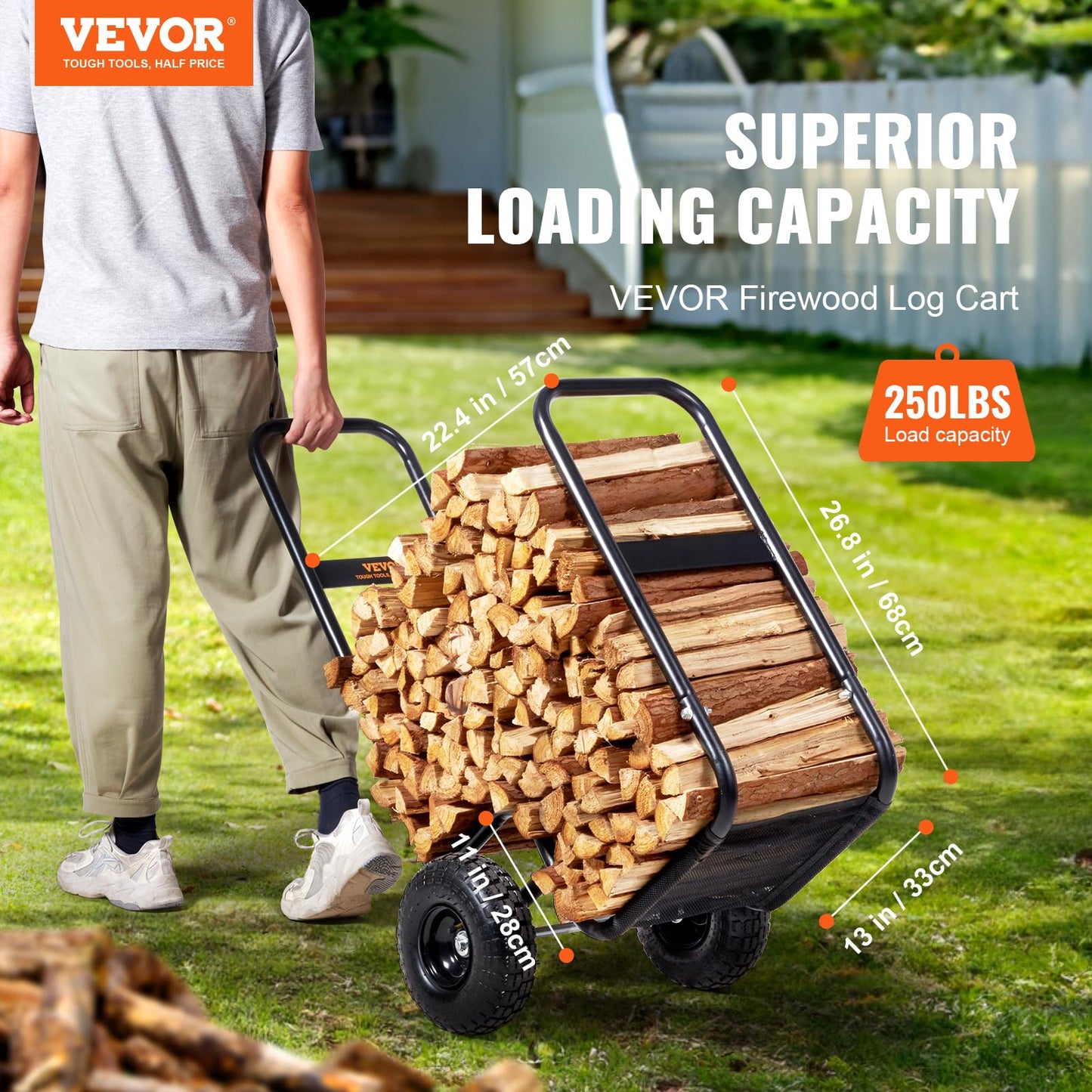 VEVOR Log Cart 250 lbs Load Capacity, Outdoor and Indoor Wood Rack Storage Mover with Pneumatic Rubber Wheels, Heavy Duty Steel Dolly Hauler, Firewood Carrier for Fireplace, Fire Pit, Black