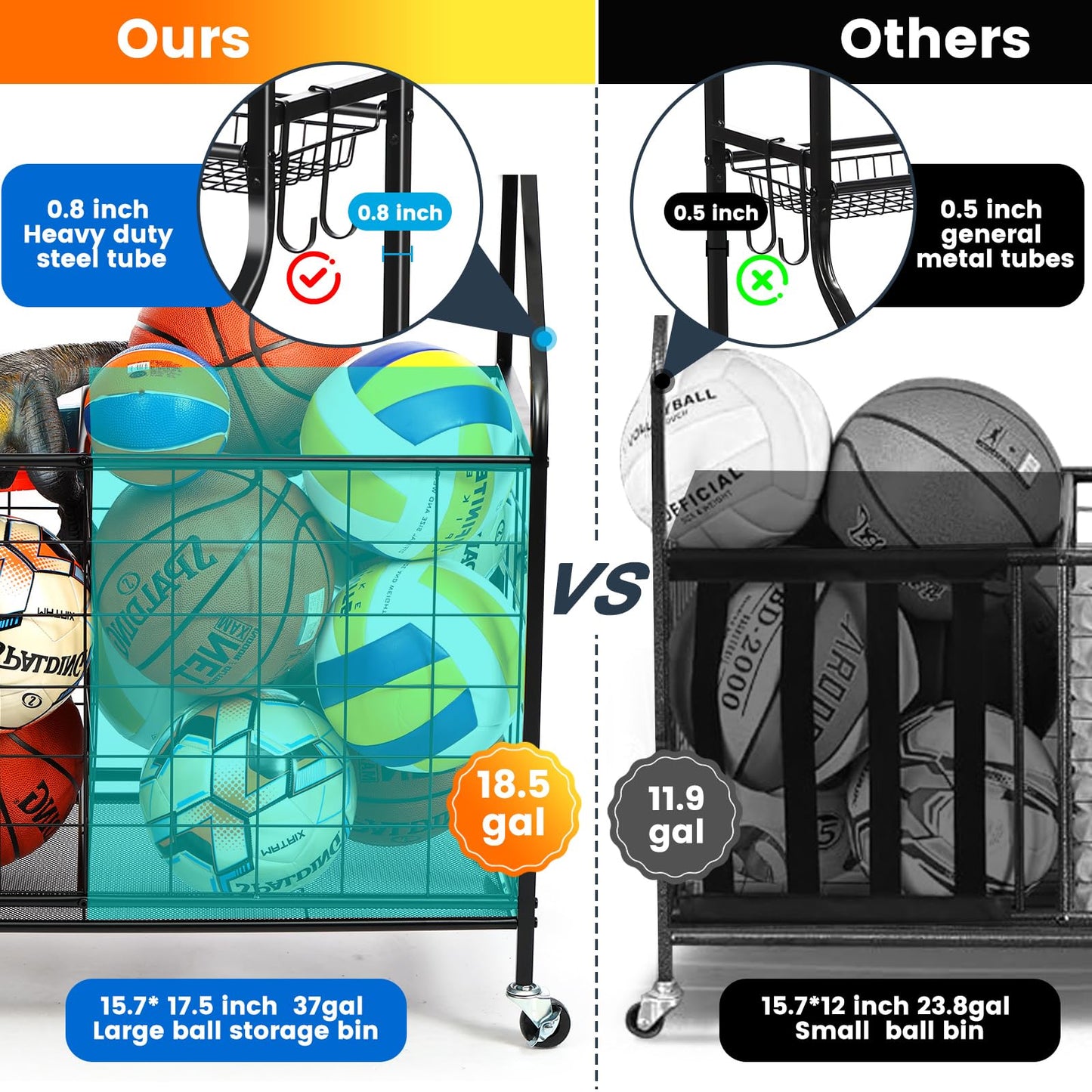 Kinghouse Sport Equipment Organizer for Garage, Steel Basketball Rack with Bat Holder and Hooks, Easy Assembly Storage for Balls, Kids' Toys, Workout Gear, Home Gym, Outdoor