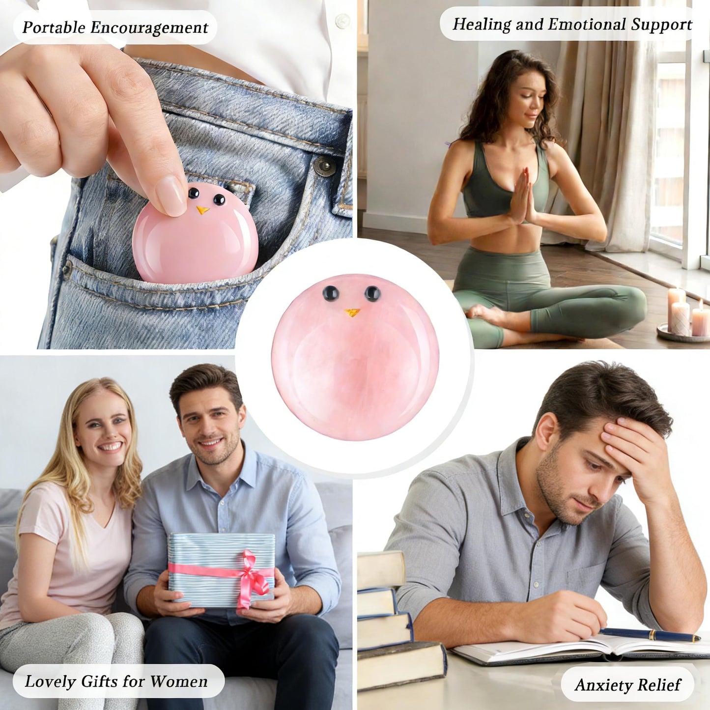 ZHIYUXI Rose Quartz Crystals Emotional Support Worry Stones for Anxiety Relief Items Stress Relief Gifts Encouragement Gifts for Women Smile Worry Stones Calming Gifts Mothers Day Gifts