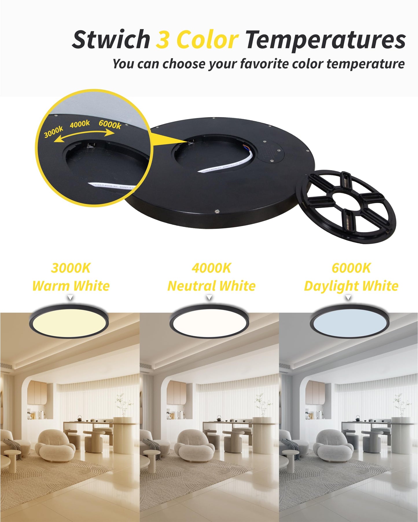 4pack 12 Inch Flush Mount Ceiling Light, 24w Led Ceiling Light, 3000k/4000k/6000k Selectable 2520lm Ceiling Lights, Super Slim Led Light Fixture for Bedroom Kitchen Living Dining Room Office (Black)