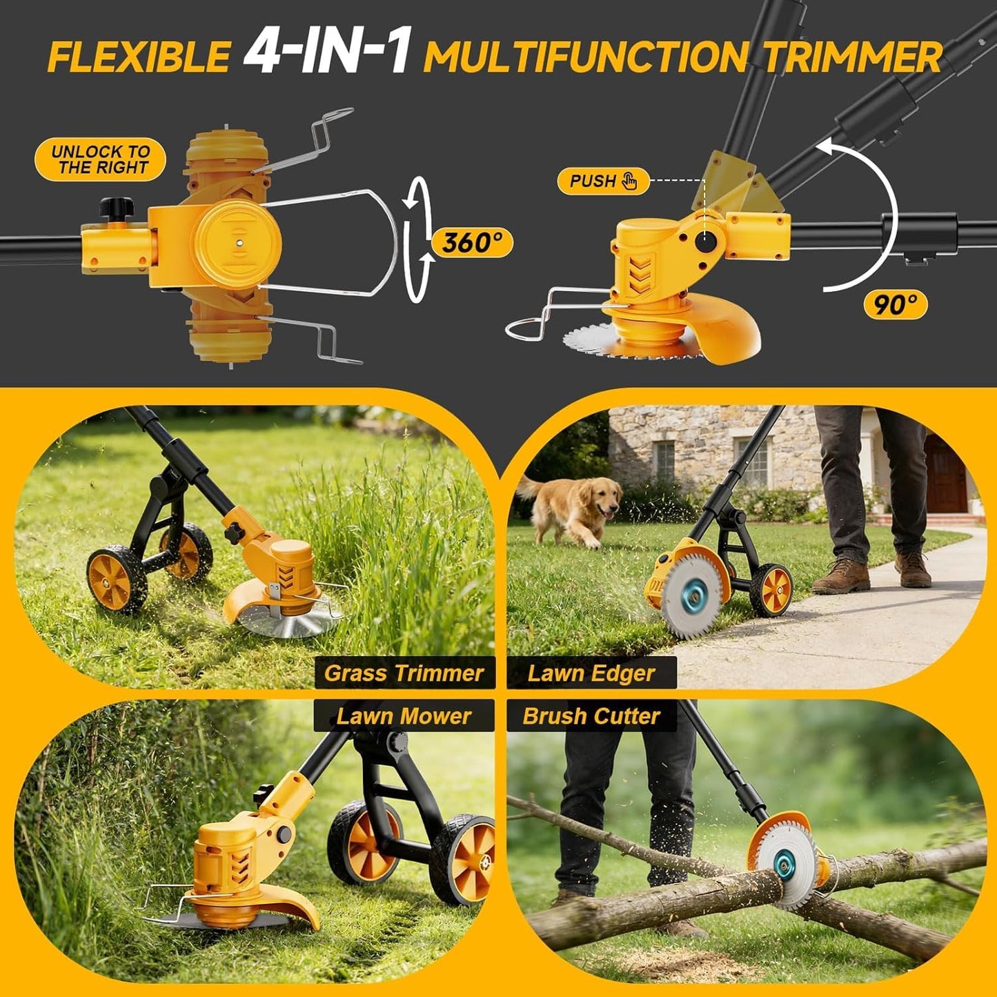 Electric Weed Wacker Cordless with Wheels,Electric Weed Eater Battery Powered 4000mAh,4 in 1 Grass Trimmer/Brush Cutter/Grass Edger/Small Lawn Mower,No String Trimmer with Blade, 2 Battery (Yellow)