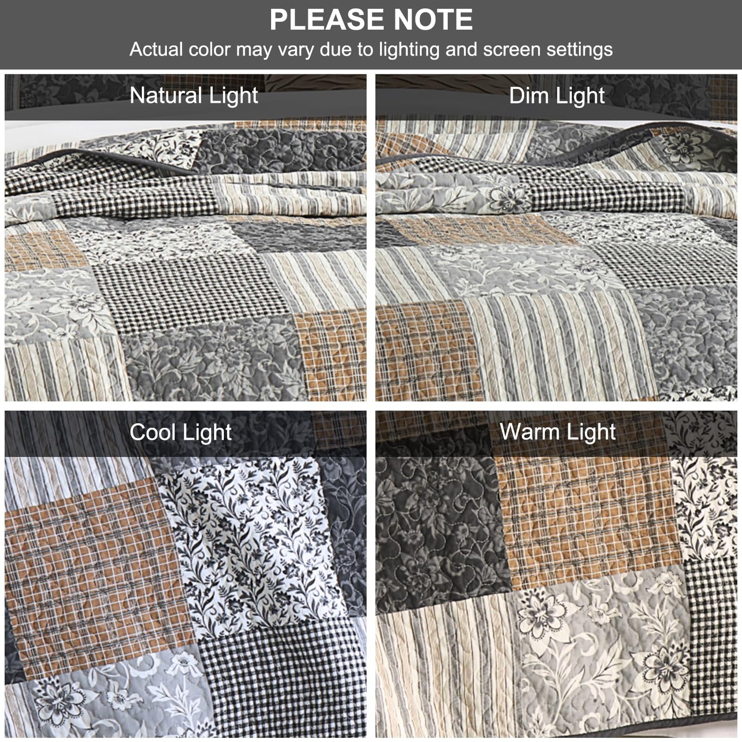 PANGUSHAN 100% Cotton King Quilt Bedding Set, Quilt King Size, Floral Patchwork Quilted Bedspread, Lightweight Comforter King Bed Spread for All Season, 3pcs, Brown/Gray