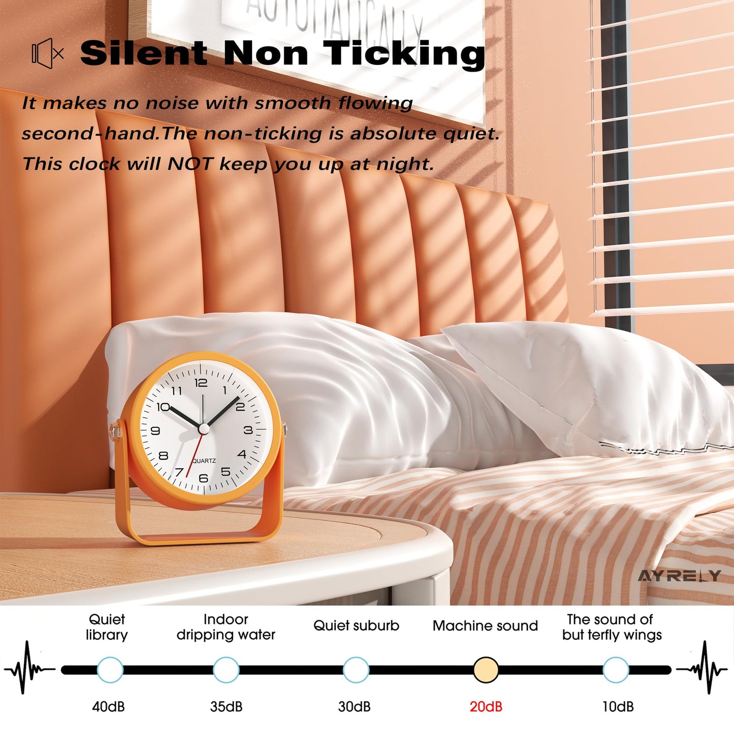 AYRELY® 3.5 Inch Small Analog Alarm Clocks,Battery Operated Desk Clock,Cute Table Clock with Light，Adjustable Angle for Travel,Bedside,Bedroom,Kids,Living Room Decor(Orange)