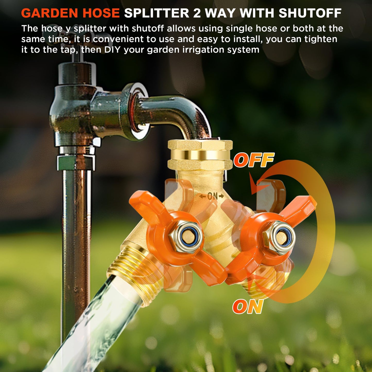 Garden Hose Splitter Full Flow 2 Way Brass Hose Splitter Heavy Duty All Metal Hose Y Splitter with Shutoff Outdoor Faucet Water Hose Splitter Y Valve Tap Adapter for Outdoor Garden