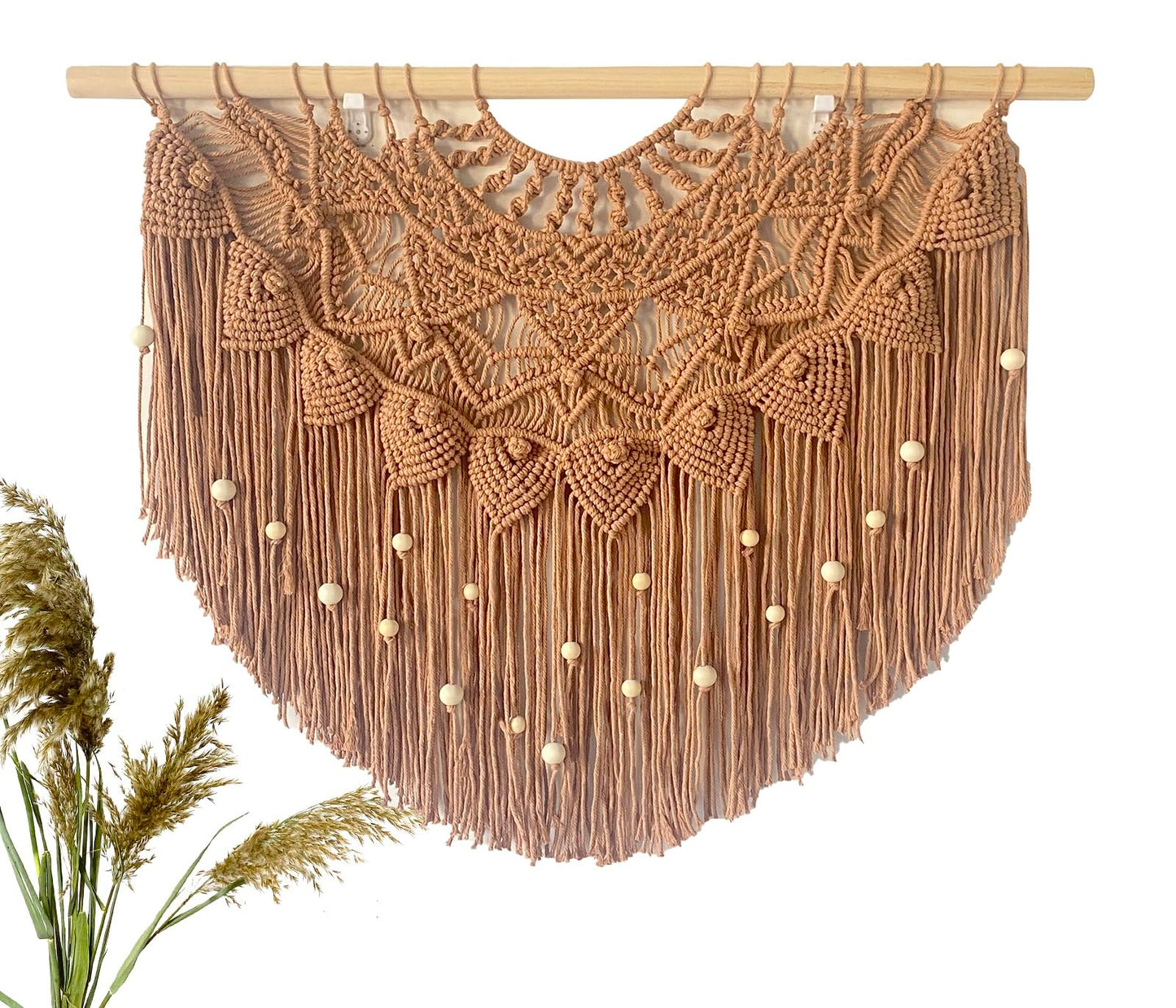 Youngeast Large Macrame Wall Hanging Boho Beaded Curtain for Window Macrame Bedroom Headboard Living Room Wall Art Tassel Tapestry Bohemian Woven Wall Decor 31" W X 25" H (Khaki)