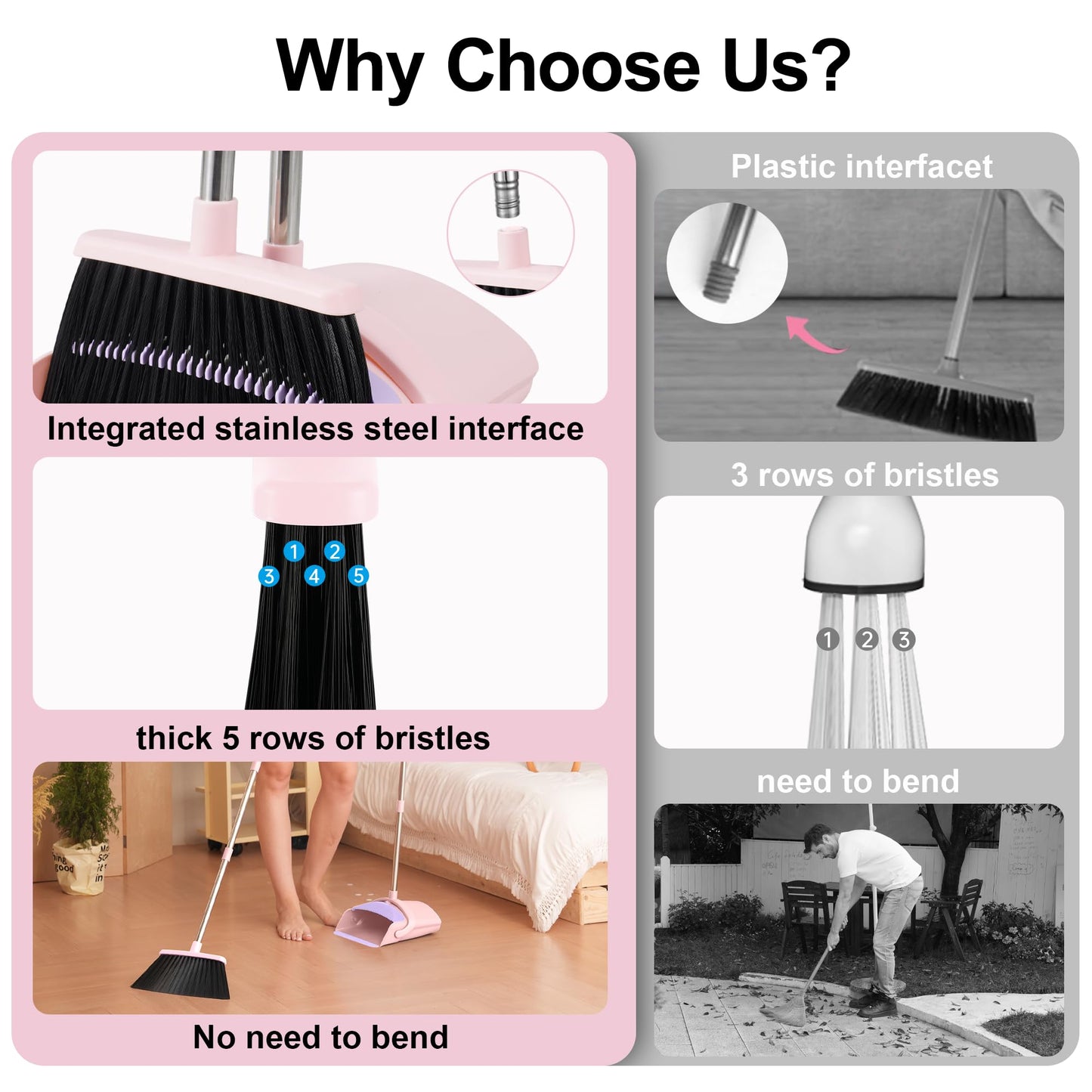 Broom with Dustpan Combo Set, 52-in Adjustable Handles Broom and Dustpan Set with Combo Teeth Easy to Scrape Off Pet Hair, Indoor&Outdoor Sweeping