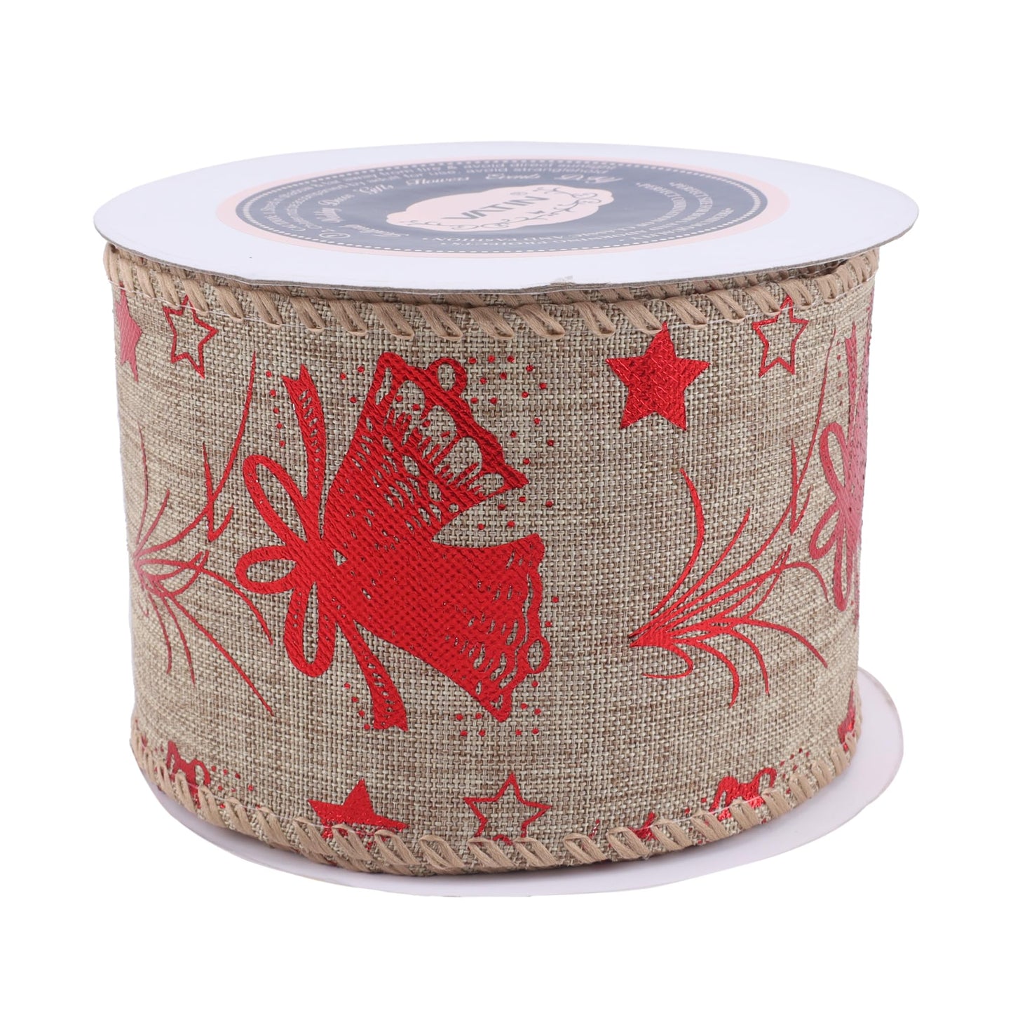 VATIN Star and Jingle Bells Christmas Wired Ribbon, 2-1/2 Inch x Continuous 10 Yards Spool Tree Ribbon for Topper Bow, Christmas Wreath, Tree Decoration, Gift Wrapping