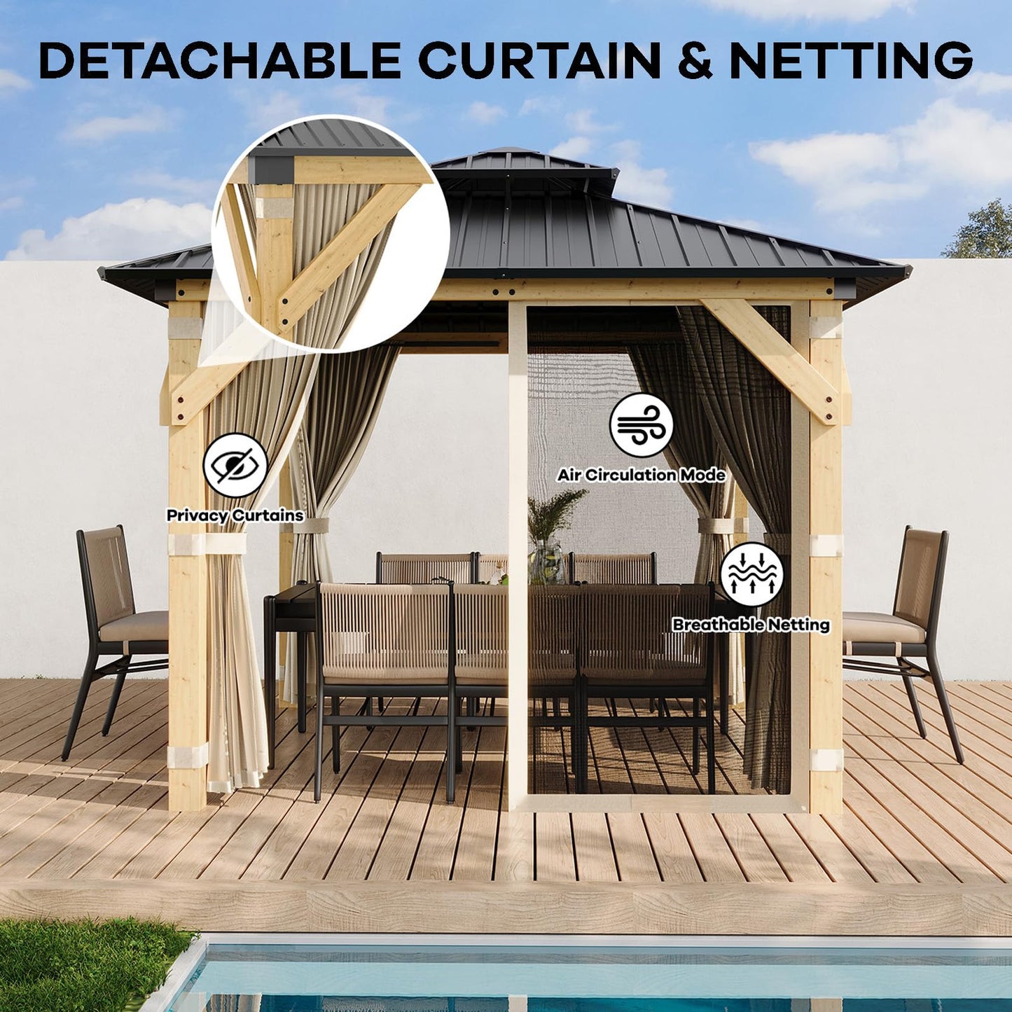 Garvee 10x10 Ft Wood Gazebo, Upgrade Spruce Frame and Double Galvanized Steel Roof, Hardtop Gazebo with Nettings and Curtains for Backyard, Patio, Garden and Lawn, Khaki