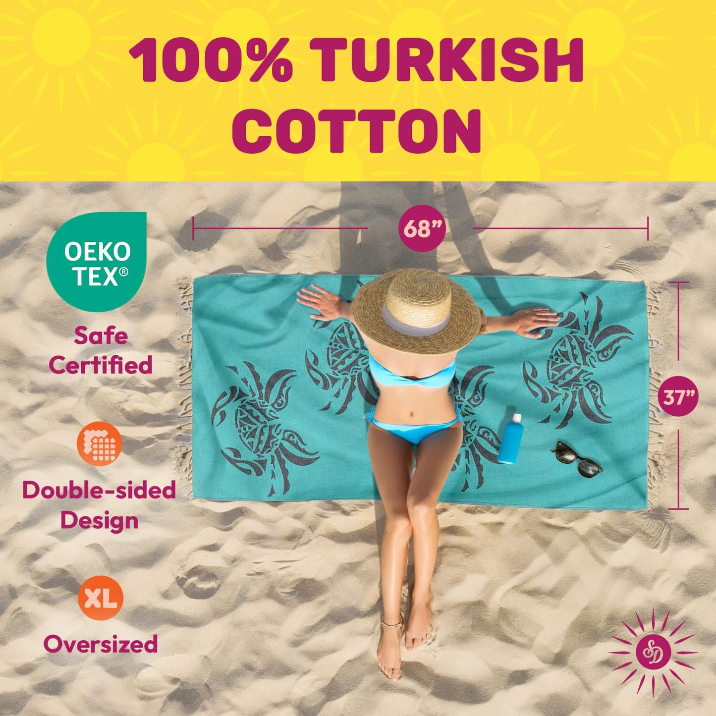 Sun Drunk Turkish Beach Towel XL Crabs Bleu Verts - Cotton Turkish Towels for Beach, Pool Towel, Quick Dry Sand Free, Thin Towels Oversized for Travel Soft Sandproof & Lightweight
