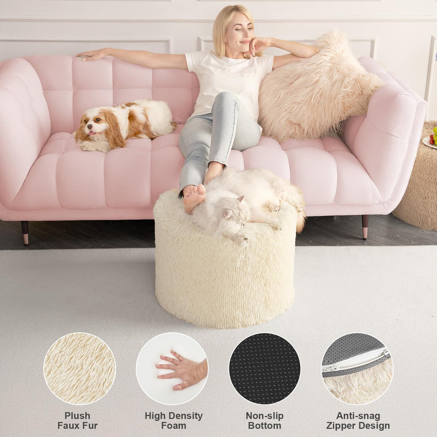 Hansleep Round Stuffed Pouf Ottoman 20 x 15, Foam Filled Faux Fur Ottoman Foot Rest for Chair with Washable Cover, Foot Stools Under Desk for Living Room & Bedroom, Beige