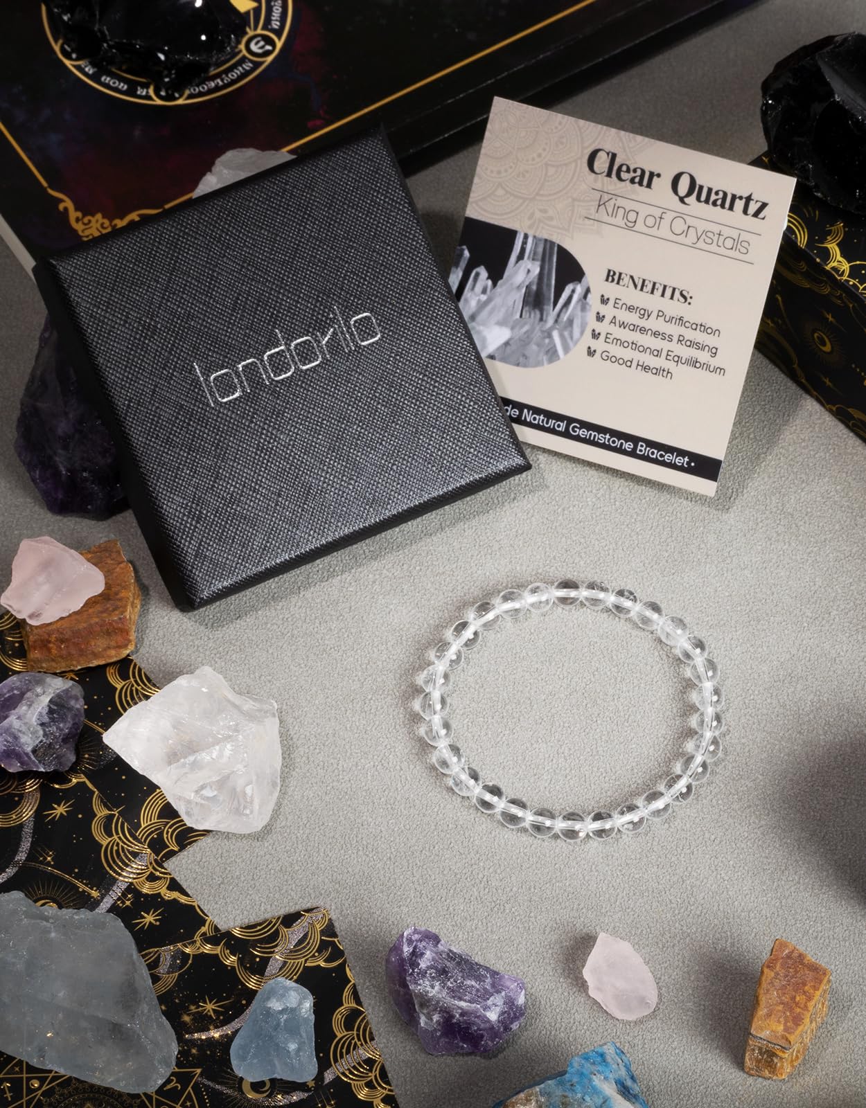 Landorilo Beaded Bracelet for Men Women, 6mm Natural Stone Clear Quartz Healing Crystal Stretch Bracelets, Ideal Christmas Birthday Jewelry Gifts with Energy Card，Replacement Beads Included
