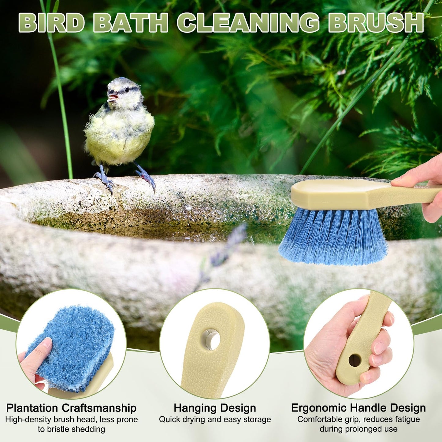 M METERXITY 1-Pack Bird Bath Cleaning Brush, 8.7" Plastic Bird Bath Cleaner with Ergonomic Handle for Fountain/Feeder/Outdoor Cleaning, Utility Hard Stiff Bristle Scrub [Beige Handle, Blue]