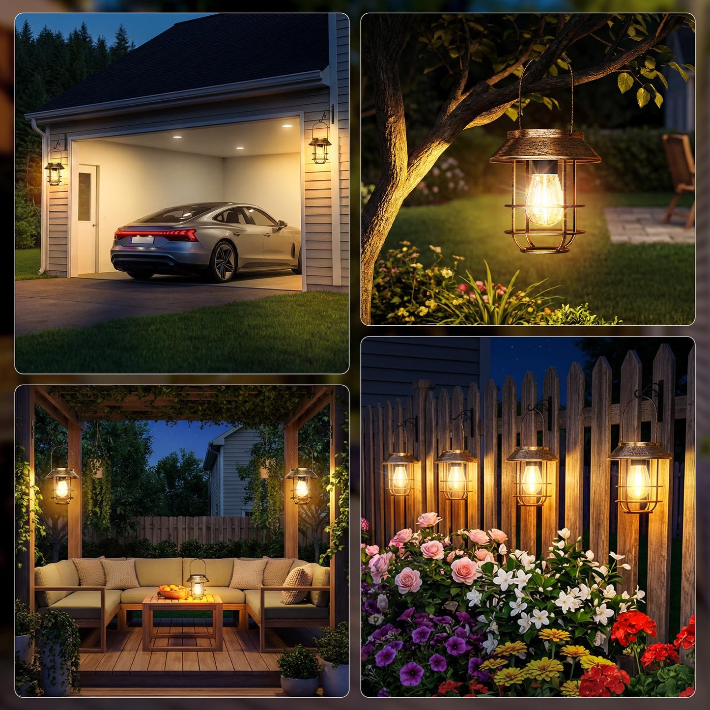 AOUNQ Solar Lanterns Outdoor Waterproof 4 Pack, Upgraded Brighter Hanging Solar Lights for Outside with Wall Hook - Retro Bronze Metal Solar-Powered Hanging Lantern Auto On/Off for Porch Patio Garden