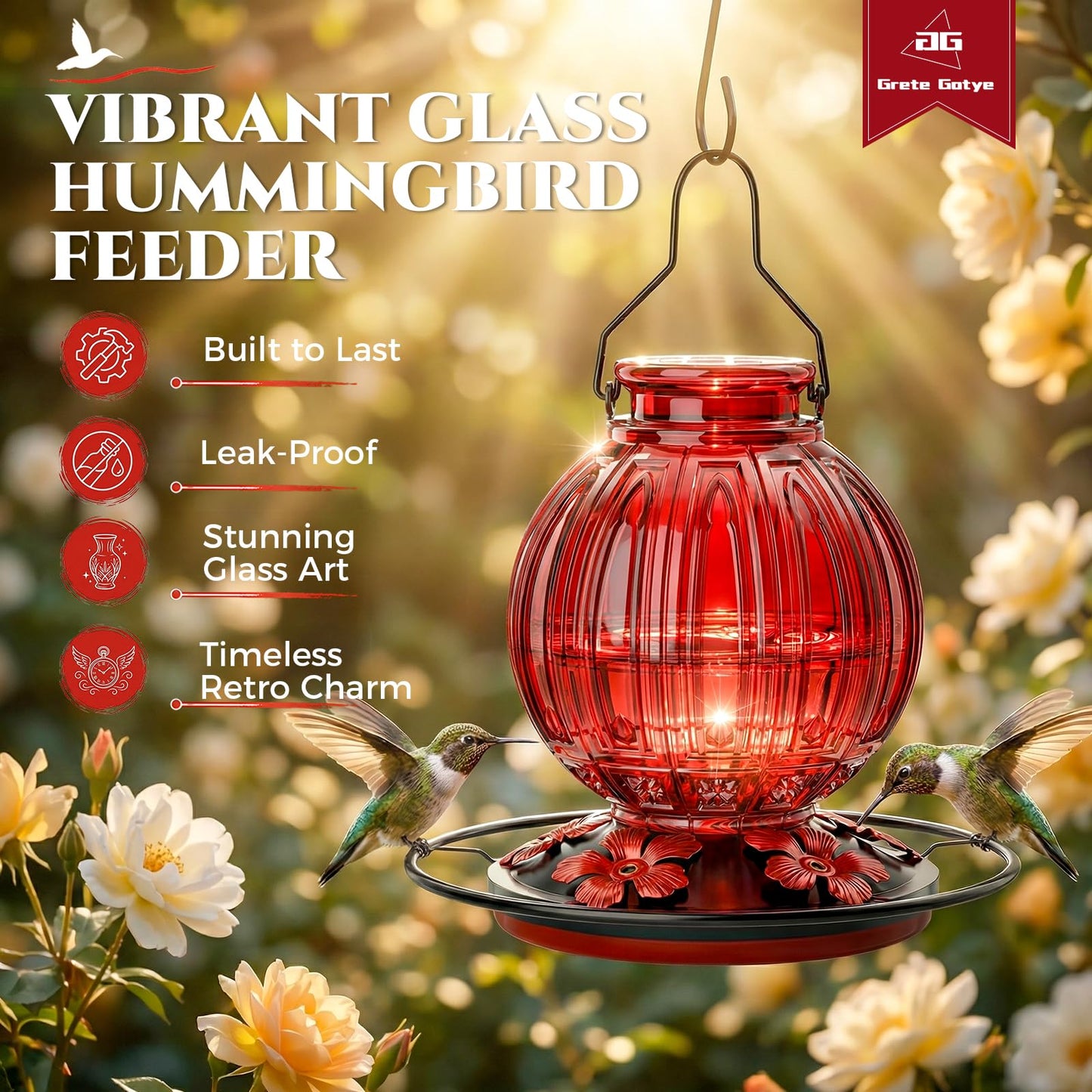 Glass Hummingbird Feeder for Outdoors Hanging, 24Oz Bird Nectar Feeder with Perch & 5 Flower Feeding Ports, Leak Proof for Outside Garden Decor Backyard, Gifts for Women Mom, Red
