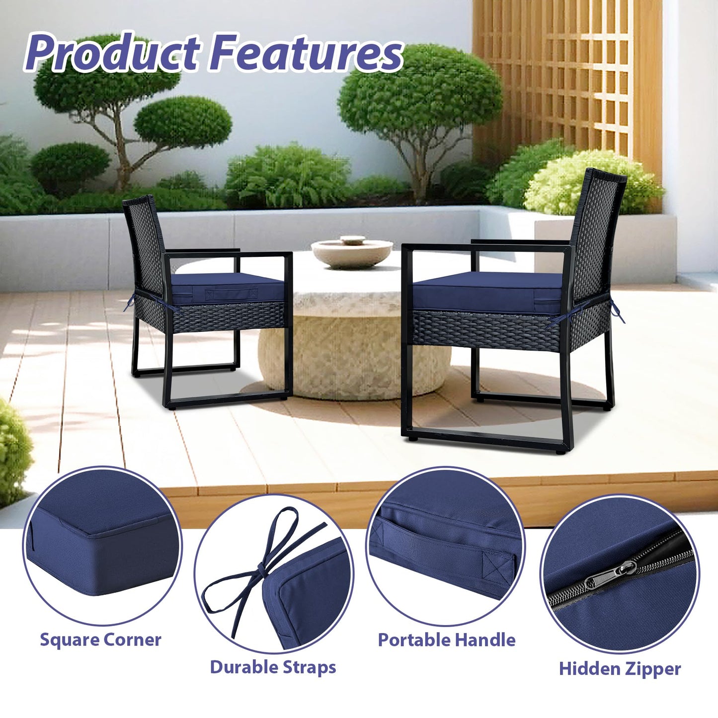 IPYNBAP Outdoor Chair Cushions Set of 4 -Waterproof Outdoor Seat Cushions for Patio Furniture, Patio Chair Cushion with Handle and Ties, Square Out Door Chair Pads,19" x 19" x 3", Navy Blue