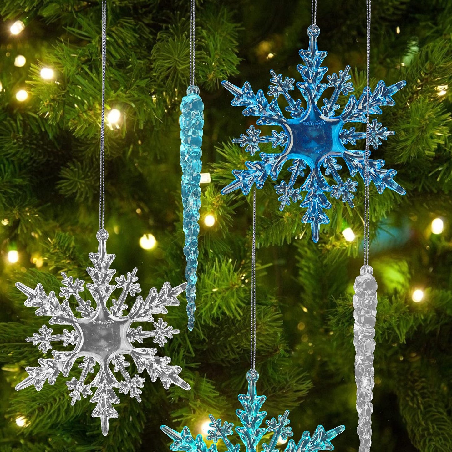 VGOODALL 36PCS Clear Snowflake & Icicle Ornaments, Acrylic Christmas Tree Decorations with Gold & Silver Strings Winter Wedding/Party/DIY Decor