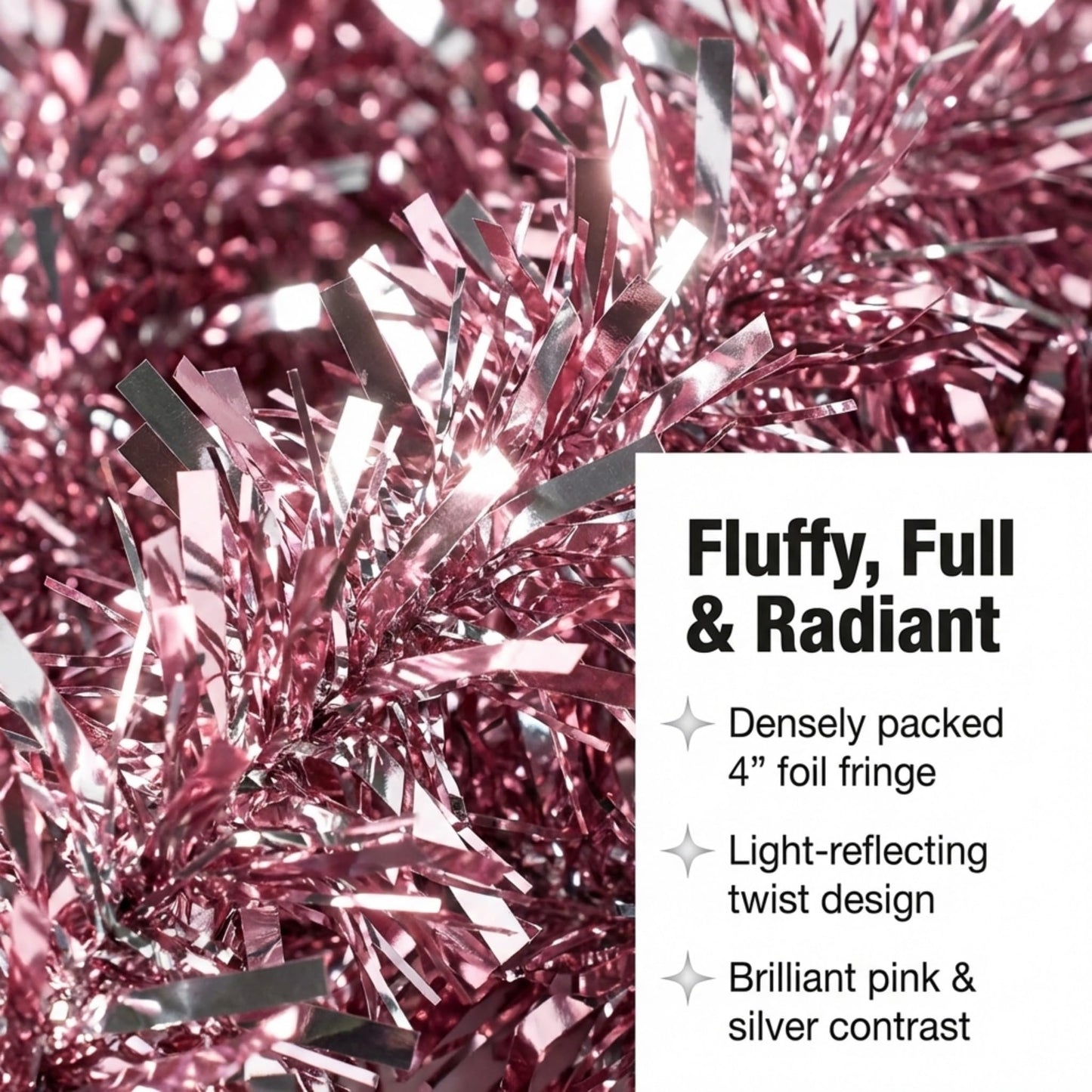 Anderson's Metallic Light Pink & Silver Sparkle Glitter Tinsel Twist Garland, 25ft Holiday Decoration, Christmas Tree Trim, Parade Float Decor, Party Supplies, Graduation, Event Garland