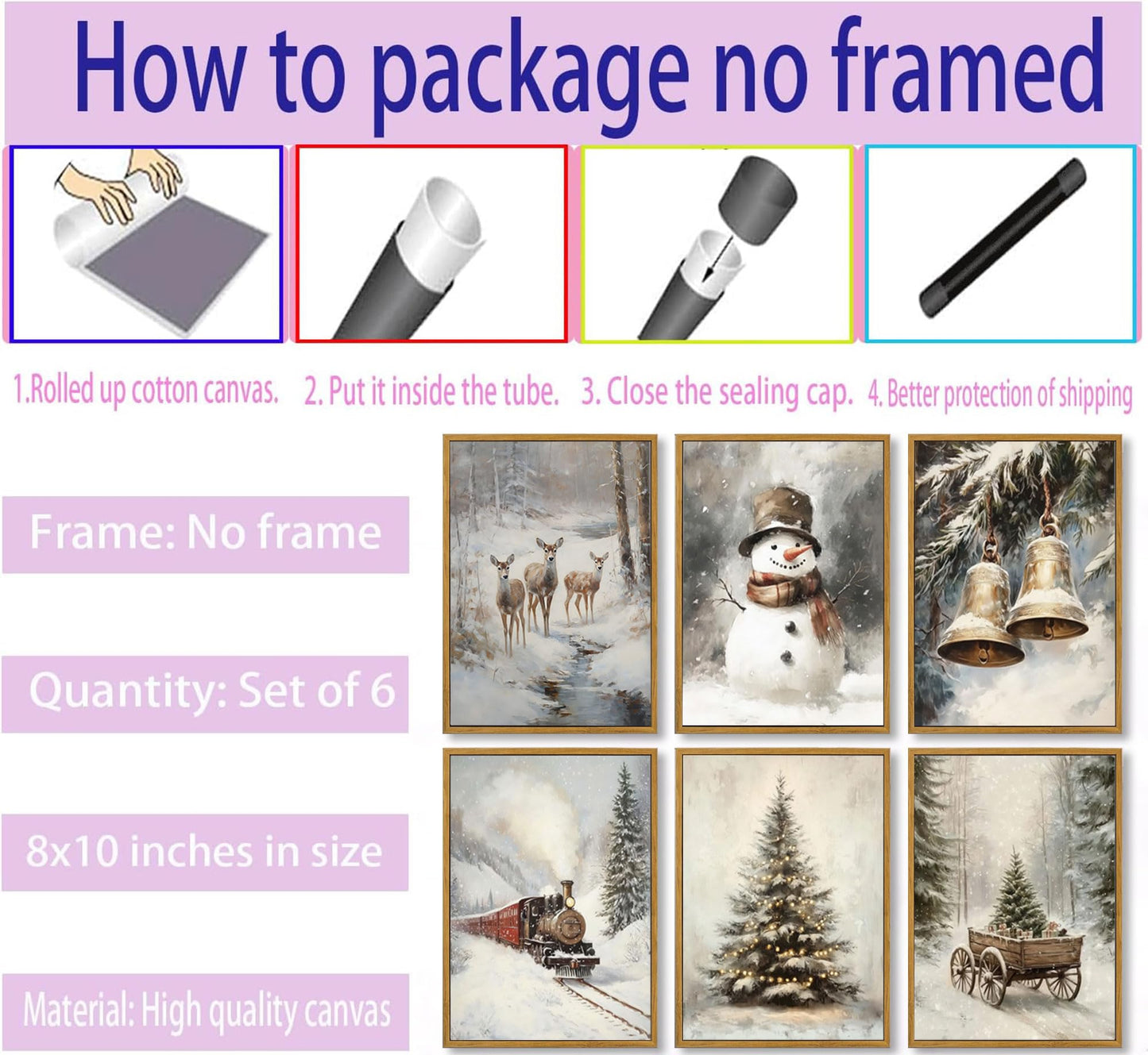 6pcs Retro Christmas Canvas Wall Art Tree Snowman Elk Christmas Posters Prints Paintings Winter Landscape Festive Elements Wall Decor Pictures for Living Room And Bedroom Furniture Decoration Unframed