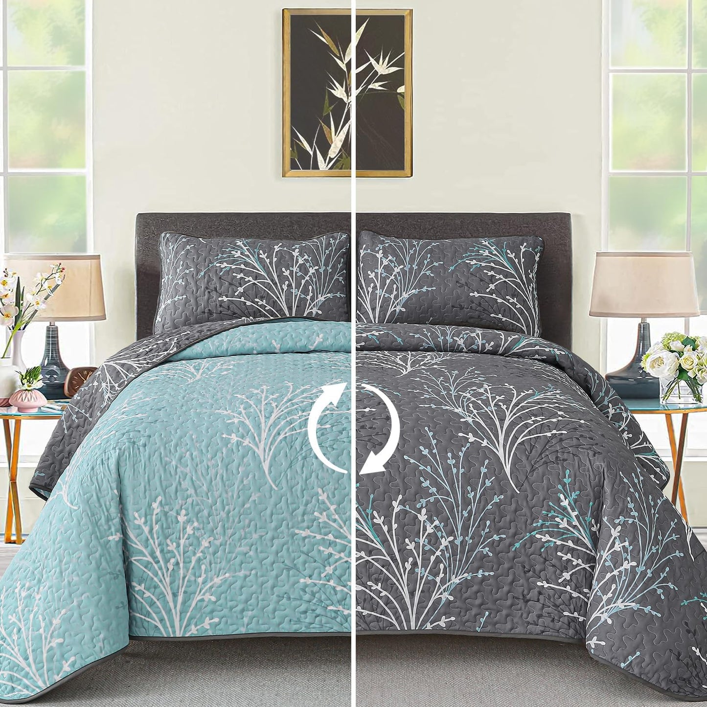 DJY Full Size Quilt Set Grey Blue Reversible Bedspread Coverlet Set 3 Piece, Branch Floral Lightweight Microfiber Botanical Quilted Bedding Set with Pillowcases for All Season (78''x90'')