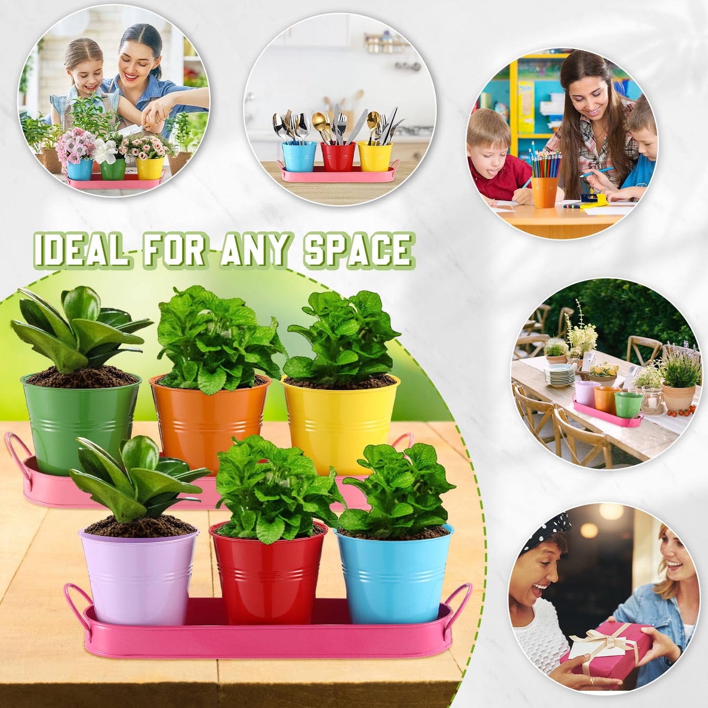 Hicarer 2 Sets Herb Planter with Tray Metal Herb Garden Planter with Drainage Farmhouse Windowsill Pots for Indoor Plants Flower Succulent Outdoor Kitchen Apartment Balcony Window (Mixed Color)