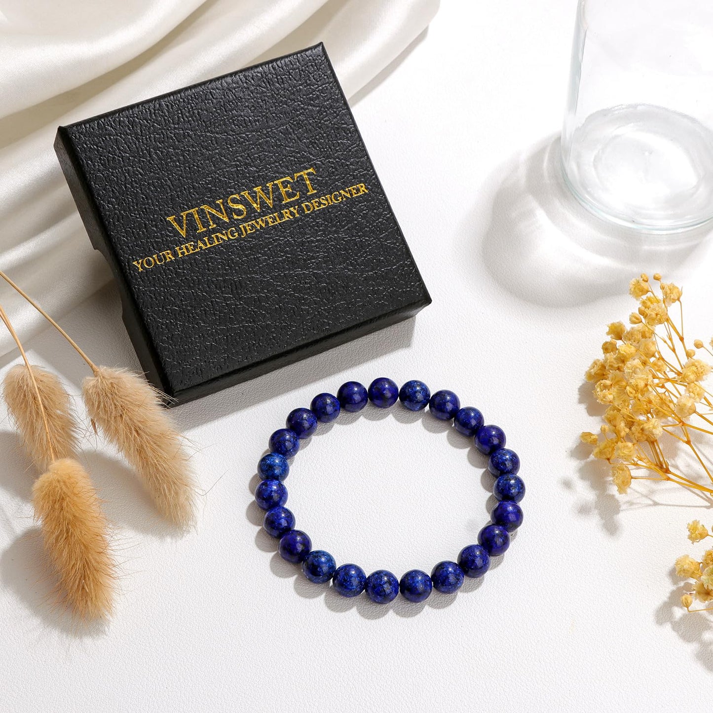 Vinswet Healing Crystal Bracelets for Women Men 8mm Lapis Lazuli Natural Stone Beaded Stretch Bracelet Handmade Gemstone Reiki Spiritual Jewelry Gifts
