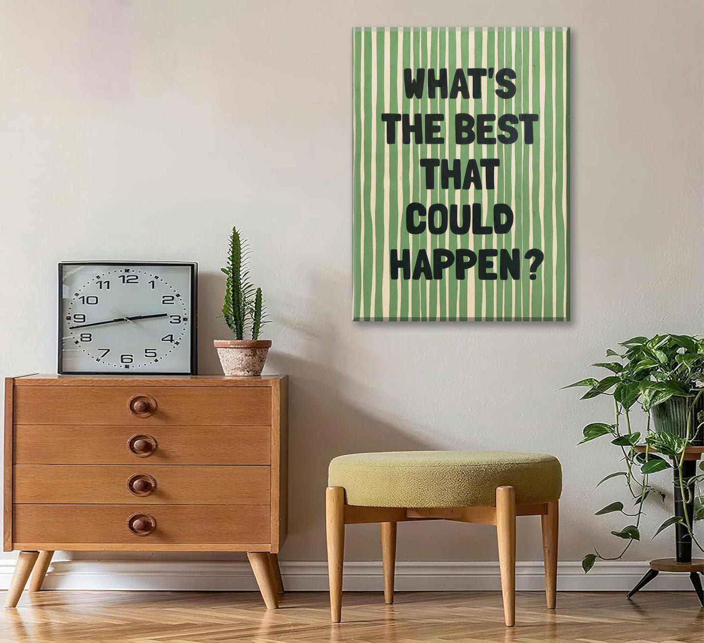 What's The Best That Could Happen Wall Art Green Striped Positive Quotes Canvas Wall Decor Funky Preppy Picture Prints Inspirational Quotes Poster Painting for Bedroom Living Room Picture Framed