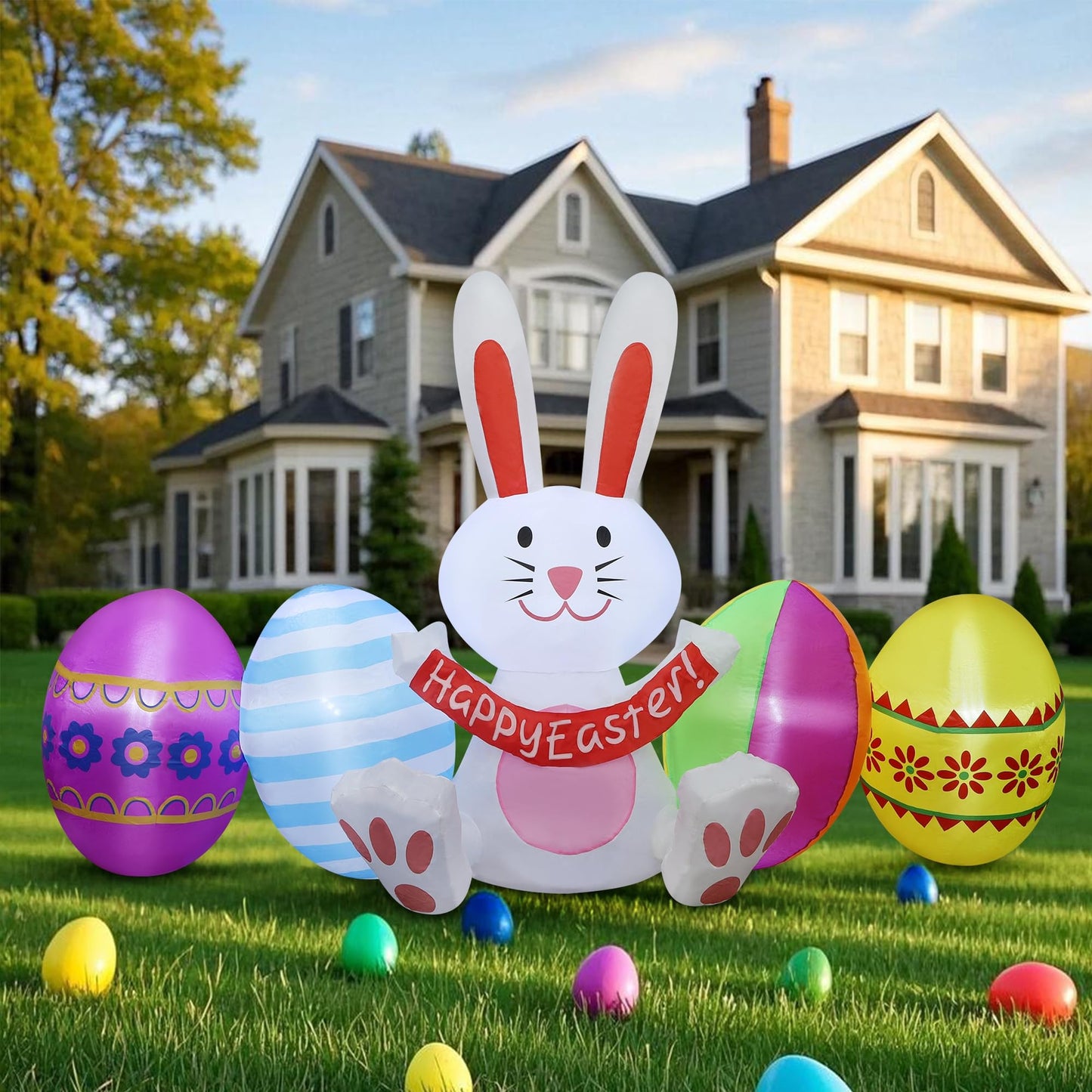DR.DUDU Easter Inflatables Outdoor Decorations, 7 FT Long Easter Bunny with Eggs, Happy Easter Decorations, Easter Blow up Yard Decorations for Garden Lawn Holiday Party