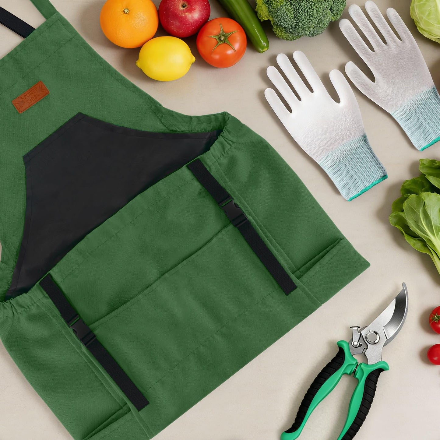 LIBKUR 3Pcs Gardening Apron Kit, Waterproof Harvest Apron with Multi-Pocket & Adjustable Cross Strap, Pruning Shears & Non-Slip Gloves for Harvesting & Gardening for Men Women(Army Green)