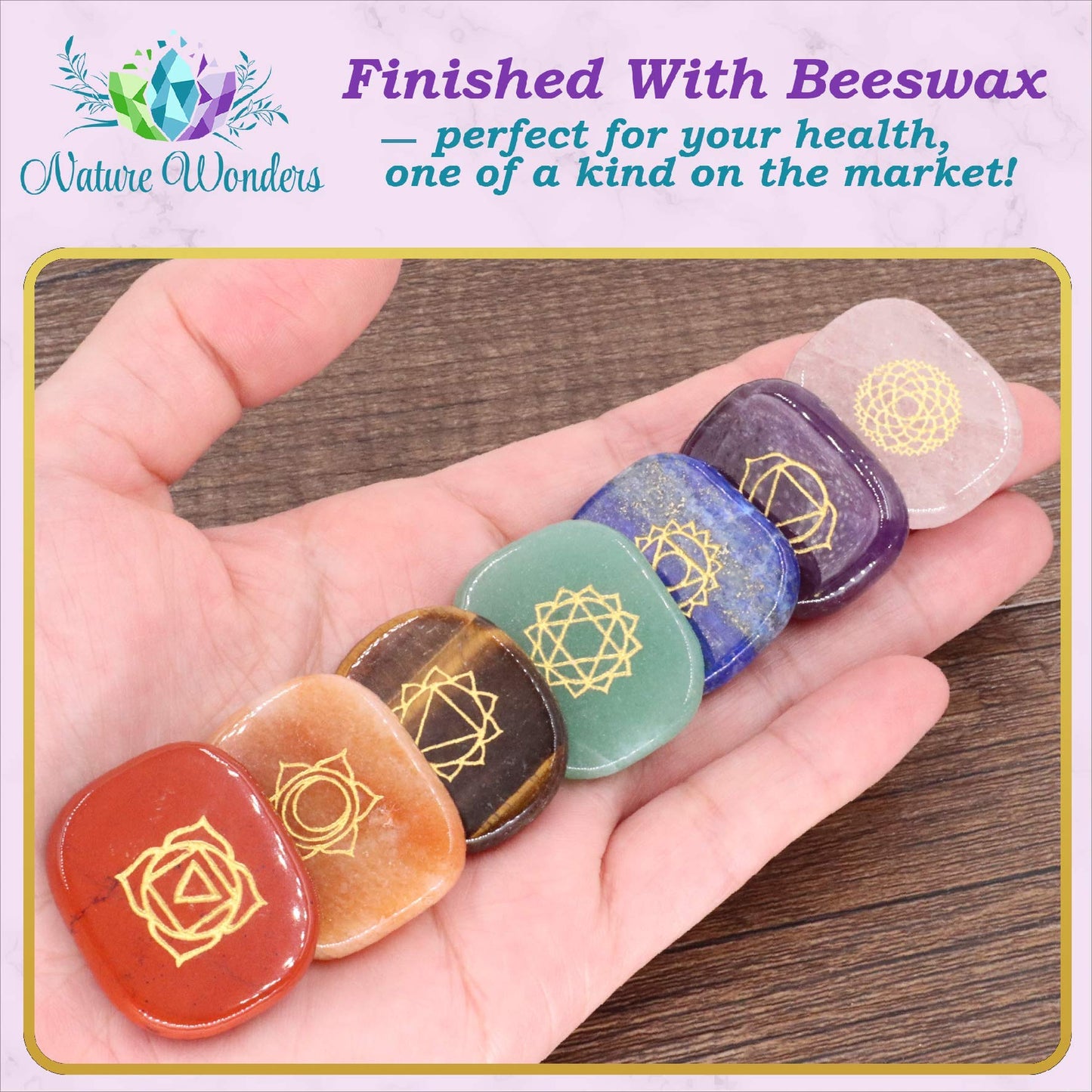 NatureWonders All Natural Chakra Stone Set with Information Brochure & Travel Pouch - Healing Crystals, Polished Palm Stone, Meditation, Reiki, Energy