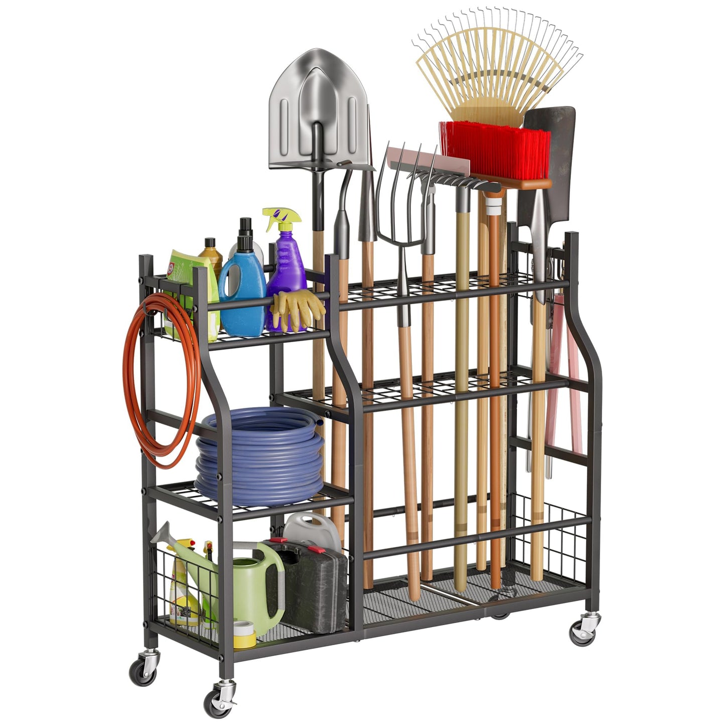 Garden Tool Organizer with Wheels for Garage and Shed, Spacious Tool Storage, Multi-Tier Design with Side Hooks for Rakes, Shovels, Brooms, and Yard Tools Rolling Cart