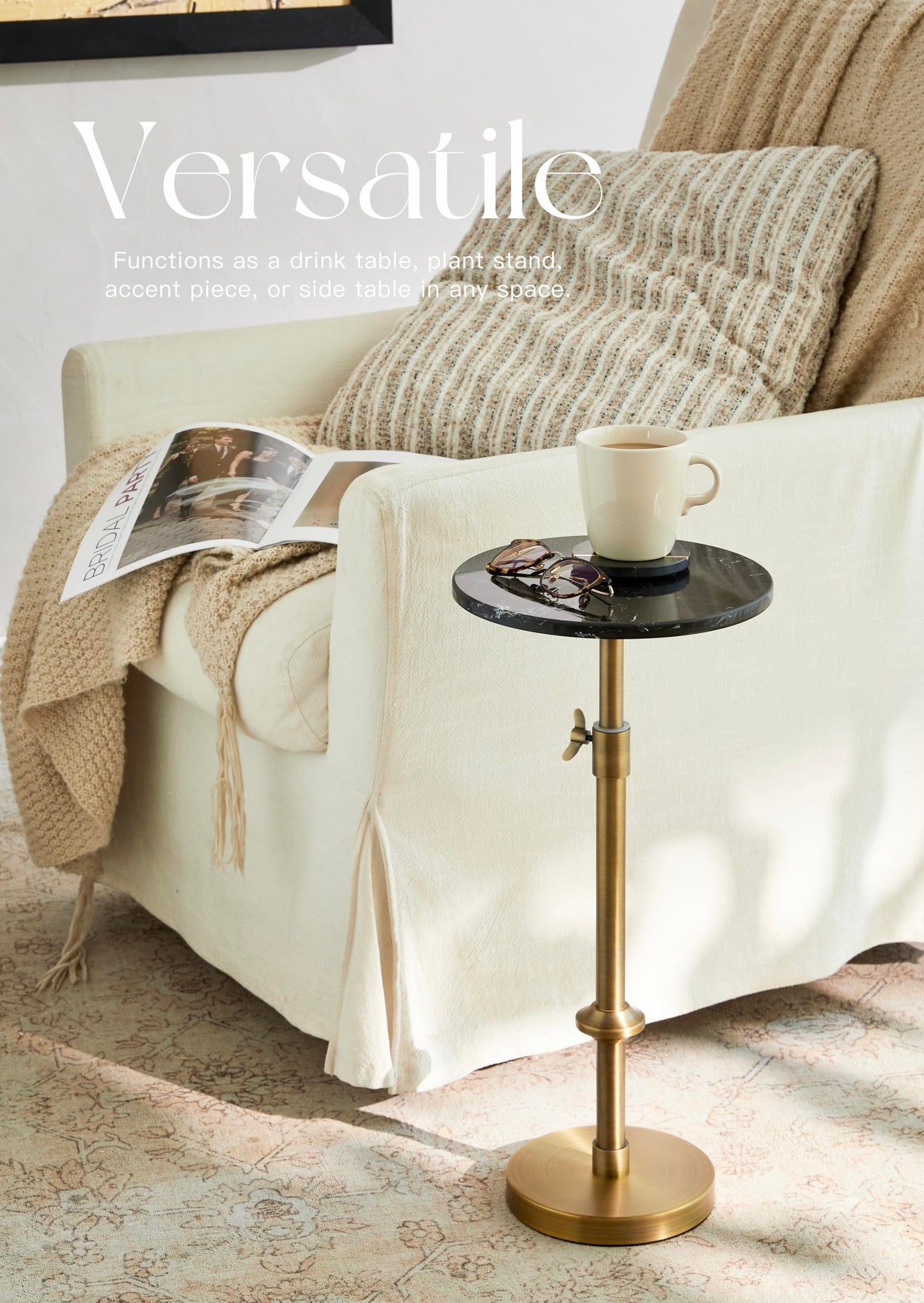 Adjustable-Height Marble Drink Table - 10x10x22-30, Black Marble & Antique Brass, Modern Round End Table, Side Table with Pedestal Stand for Small Spaces, Vintage Metal Martini Cocktail Accent