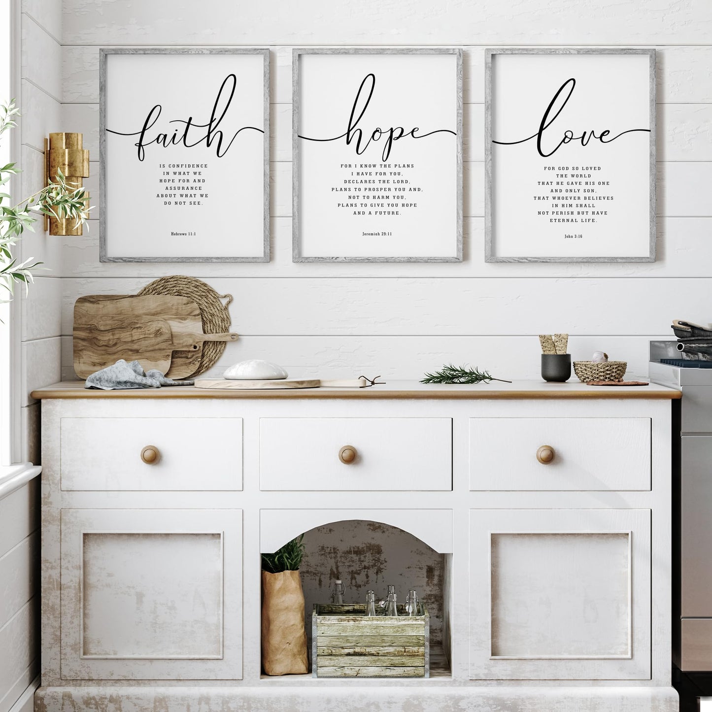 Houmury Set of 3 Framed Farmhouse Bible Verses Wall Decor Sign 11”x14” Christian Faith Scripture Wall Art for Home Living Room Bedroom Wall Decor (11"x14" Grey)