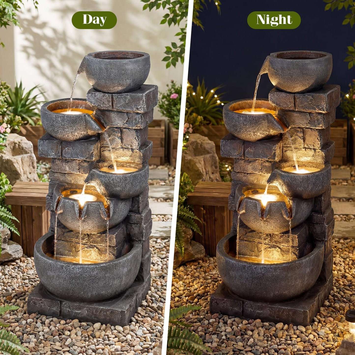 Giantex 33'' Water Fountain Outdoor, 5-Tier Cascading Stacked Stone Bowl Waterfall Fountain with LED Lights & Pump, Outside Water Feature for Patio, Balcony, Deck, Garden, Yard Decor